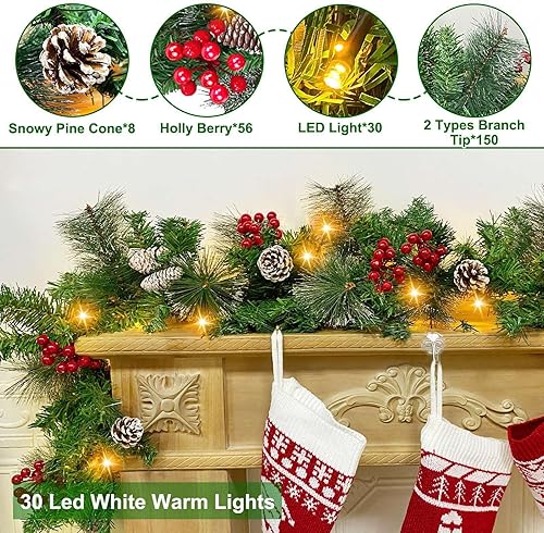 Miniatura 2 de TURNMEON Guirnalda de Navidad preiluminada de 6 pies por 10 pulgadas con temporizador, 30 luces cálidas, 8 conos de pino, cerdas nevadas, pino, 56