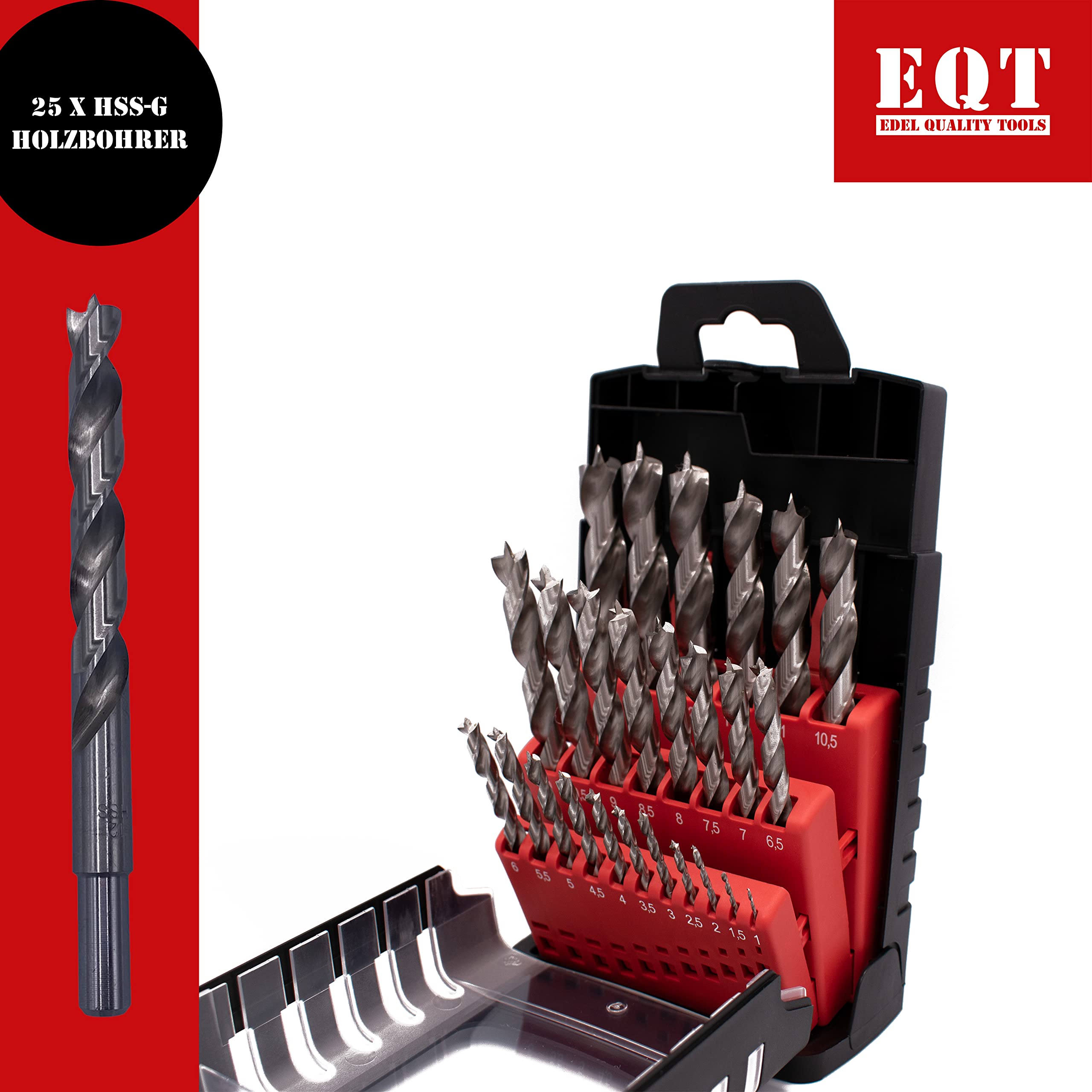 EQT HSS-G Holzbohrer Set 25-tlg 1-13mm in 0,5mm Schritten für Holz, MDF und Acryl - Bohrmaschinen und Akkuschrauber 91001