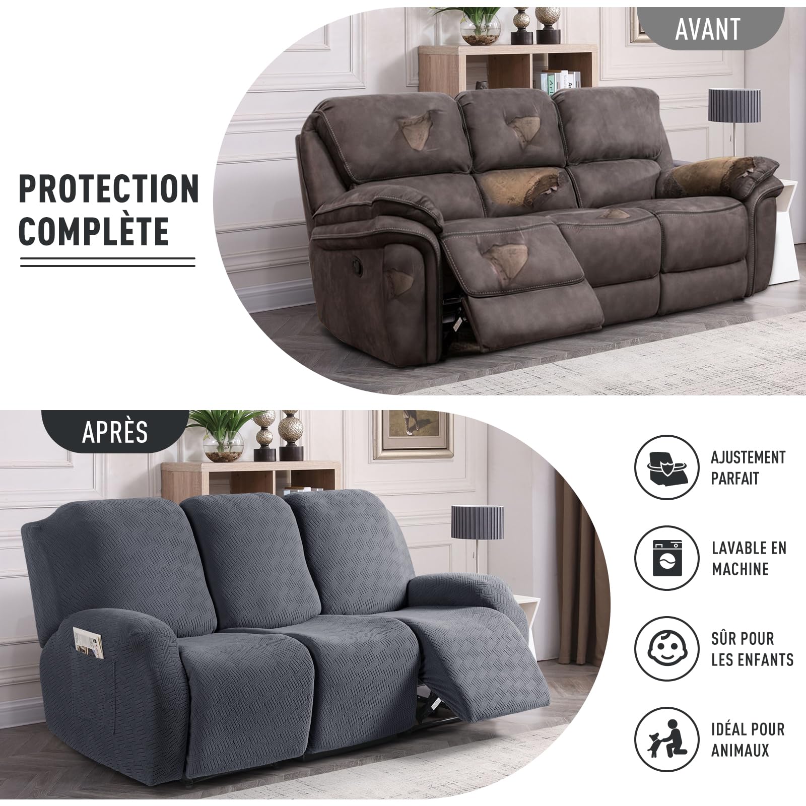 KinCam Housse de Fauteuil Extensible en Jacquard, Housse de Fauteuil Relax avec Poche, Housse Fauteuil Relax pour Chiens et Chats, Douce et Lavable Housse canapé Relax 3 Places Gris foncé