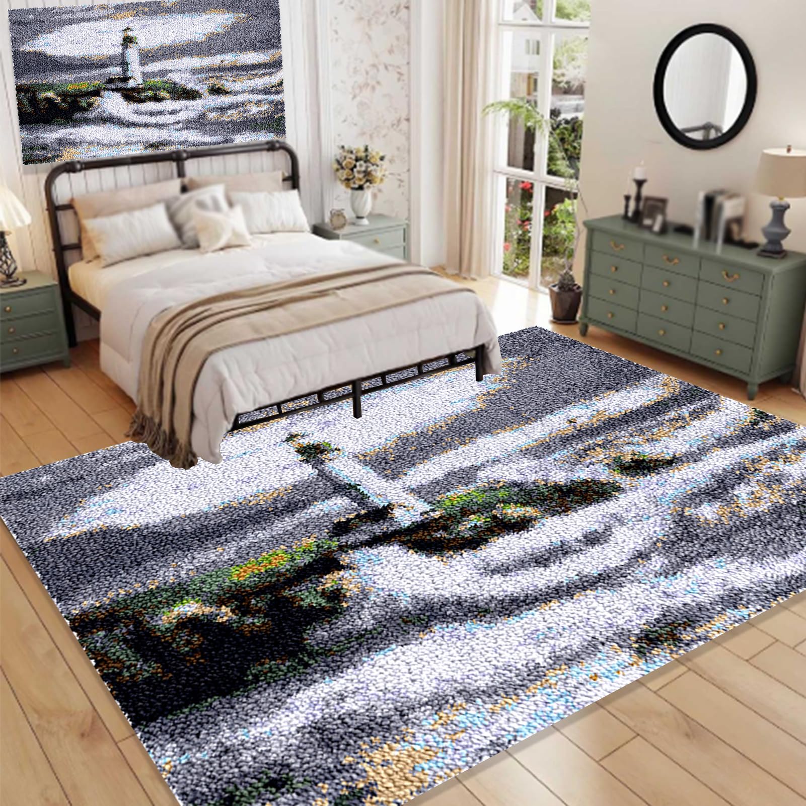 Kit de Tapis de Crochet à Point Noué Coussin au Crochets à Loquet Bricolage Création de Tapis à Crocher pour Adultes, Modèle de couleur pré-imprimé Kit de Fabrication de Tapis Point Noué 80 x 115 cm