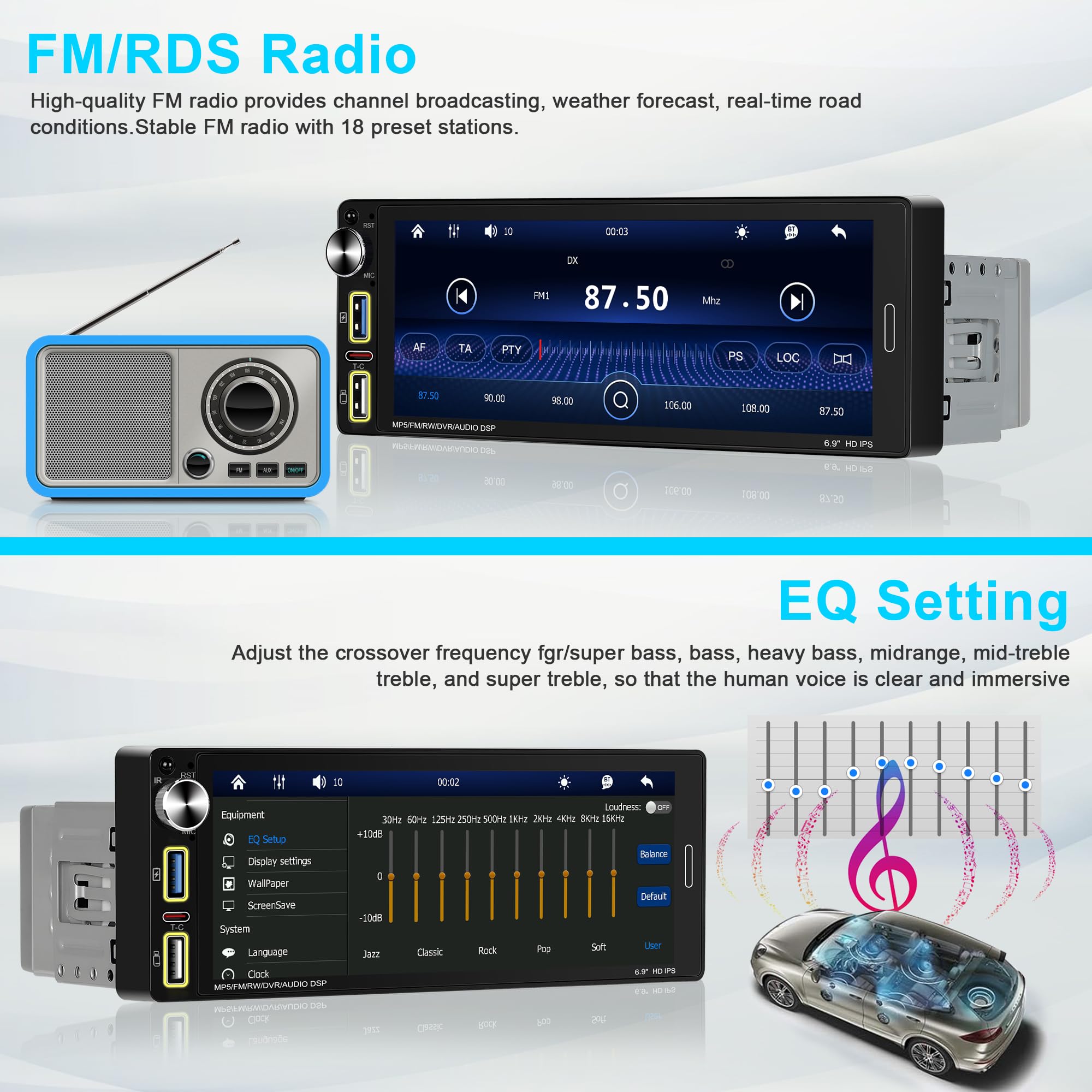 Autoradio 1 DIN Bluetooth Autoradio Car Play Voiture avec sans Fil Car Play & Android Auto,6.9 Pouces HD Écran Tactile,Radio FM/Charge Rapide/Microphone/Type C/Caméra de recul