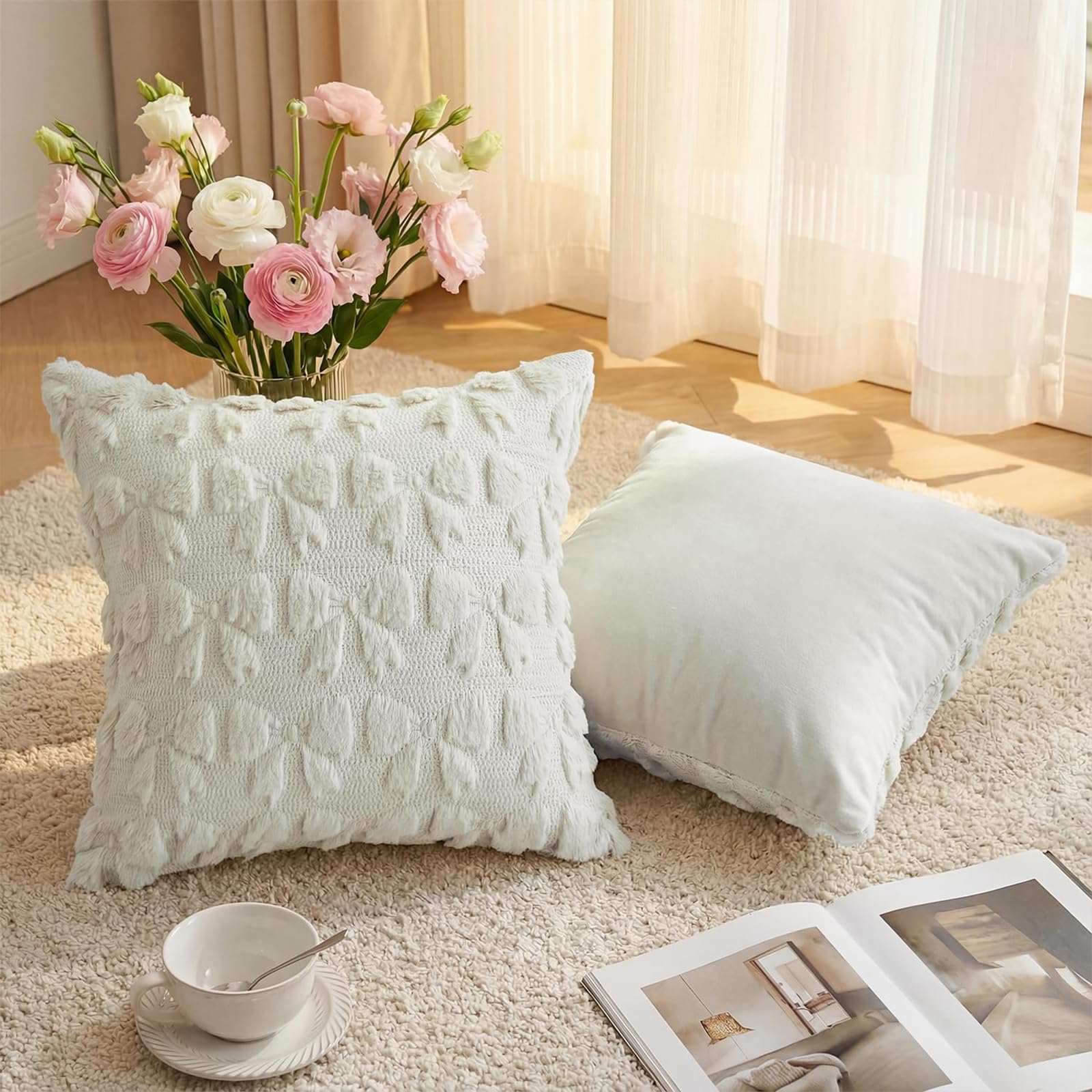 Poszewka na poduszkę, 2 sztuki Clean Girl Room Decor Poszewka na poduszkę 45x45, Estetyczne dekoracyjne poduszki do dekoracji pokoju w kremowej bieli