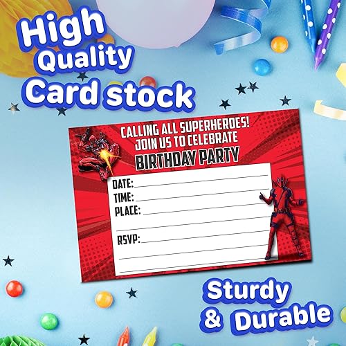 Miniatura 3 de Deadpool - Tarjetas de invitación y sobres, 20 invitaciones rellenas para fiestas de cumpleaños infantiles y fiestas temáticas, 3.9 x 5.9 in, estilo