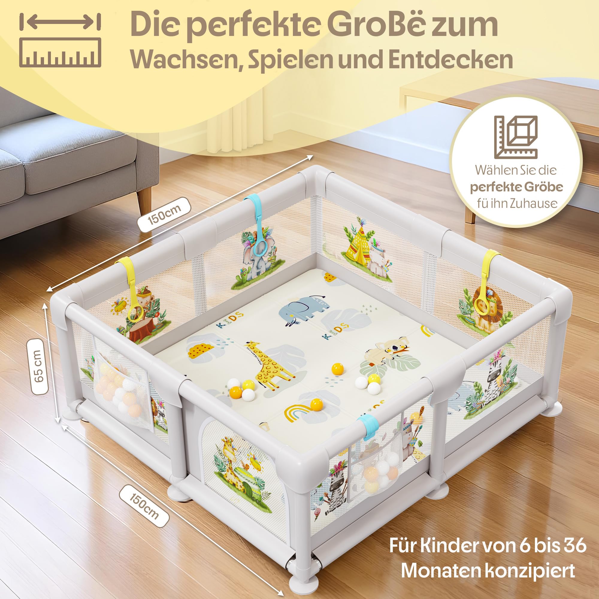 Baby Laufstall 150x150cm mit Illustrationen, Gepolsterter Spielbereich mit Wendbarer Matte, Stoffbuch, Bunten Bällen und Halteringen