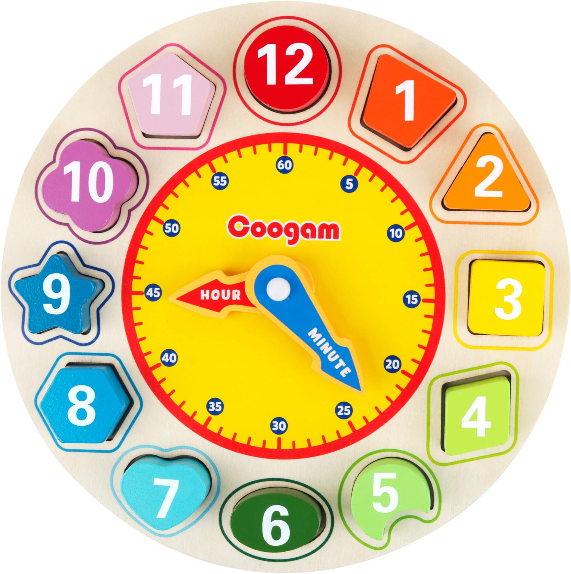 Coogam Wooden Learning Clock – Teaching Time Shape Sorting Number Blocks Puzzle Stacking Sorter Early Educational Toy Gift for Year Old Toddler Baby Kids
