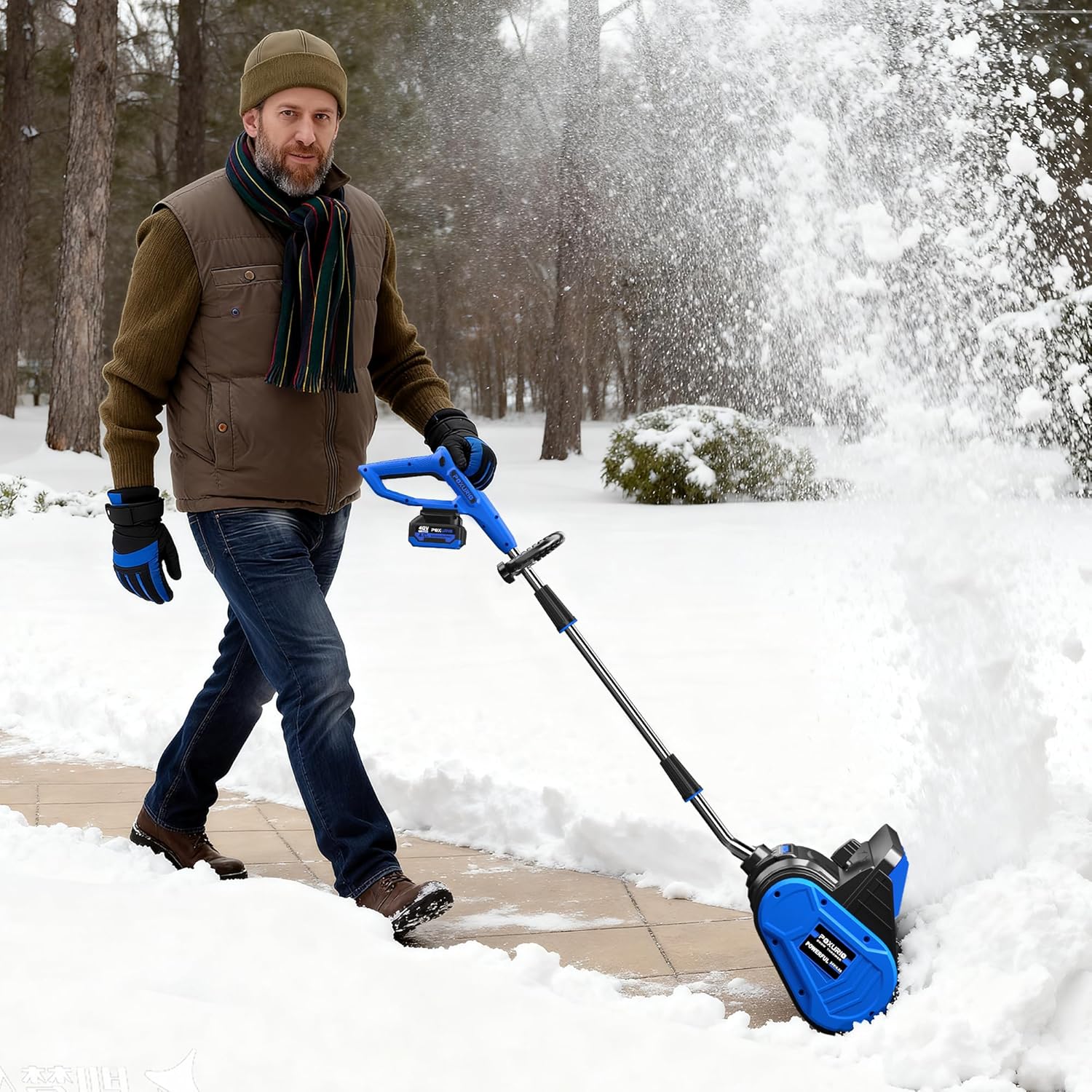 Man using the snow shovel on a snowy path, demonstrating its use