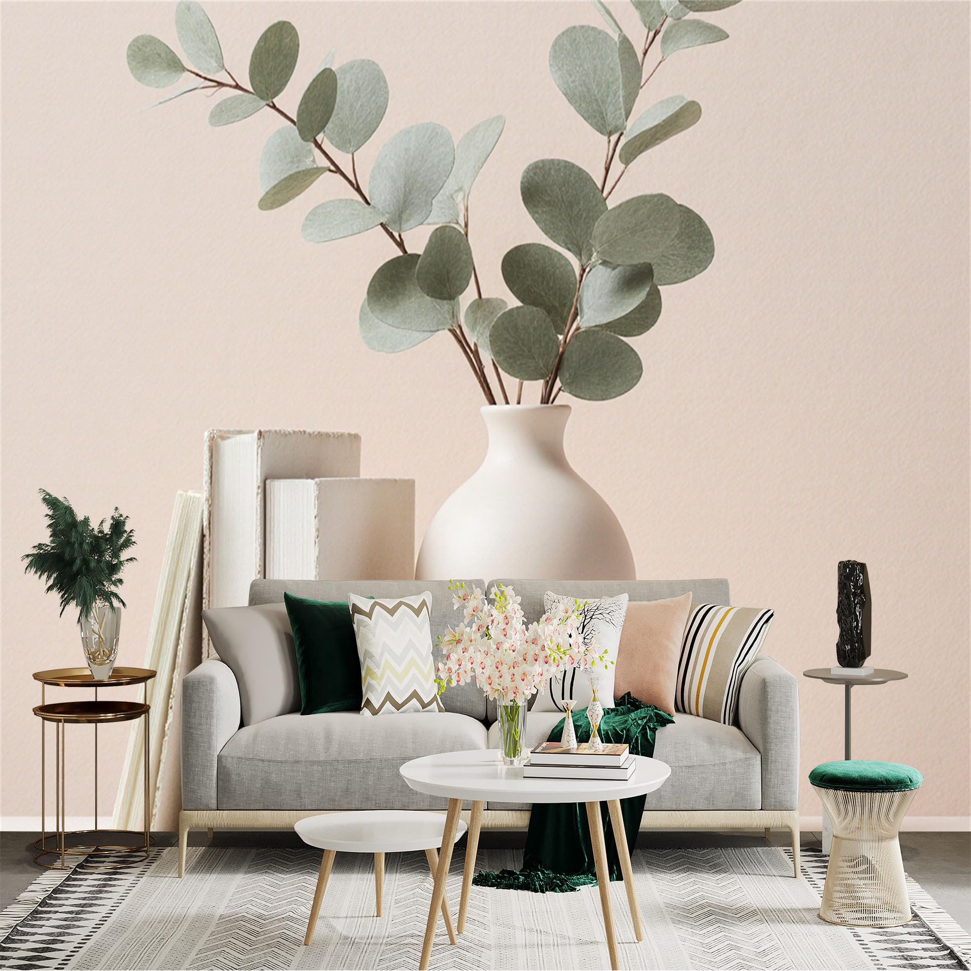 Custom Size Wall Sticker Mural， Minimalist Cream Aesthetic， Modern Ceramic Vase with Green Branches， Stacked Decorative Books， for wall Decoration， peelandstick wall Decals.