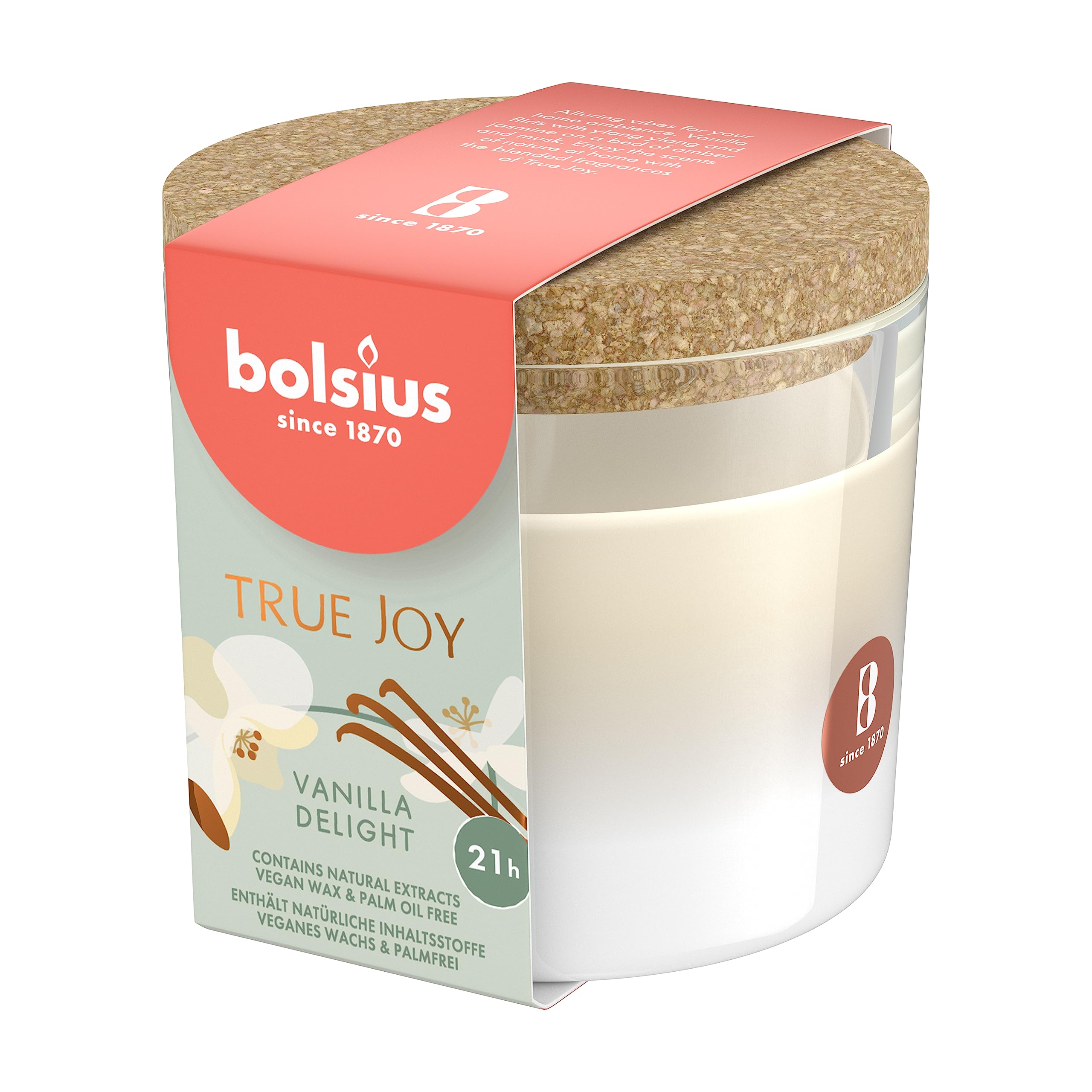 Bolsius - True Joy Vela aromática – vainilla – marfil – Vela aromática en cristal – Duración de combustión 21 horas – con extractos naturales – Cera vegetal natural – Sin aceite de