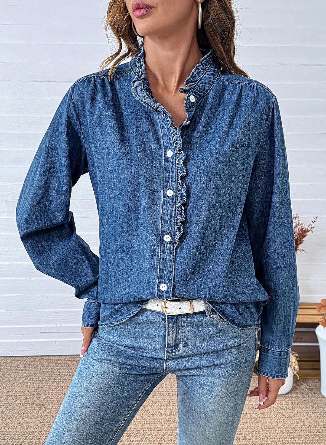 Sidefeel Womens Denim Shirt Button Down Long Sleeve Ruffled Edge Jean Blouses Tops - Image 2