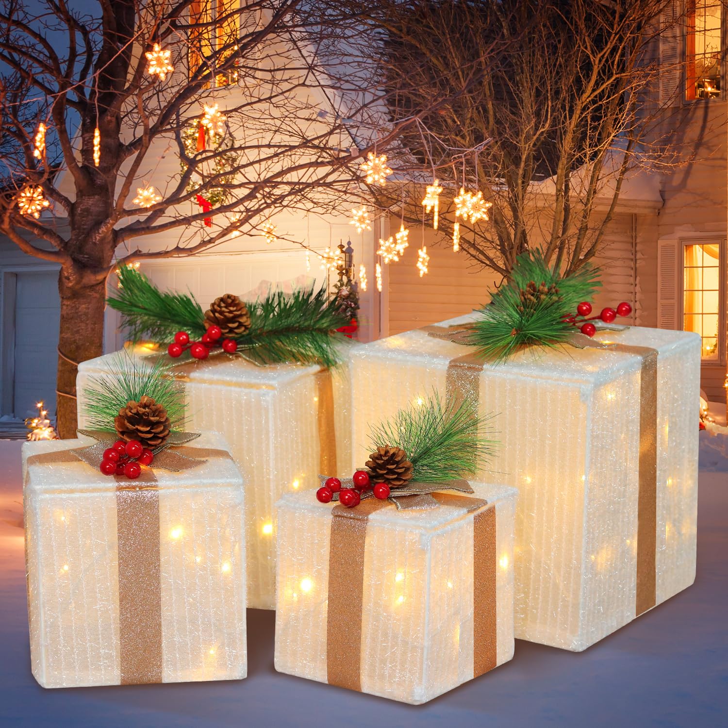 Set of 4 Christmas Lighted Gift Boxes, 70 Led Light Up White Iron Frame Present Box with Pine Cones Bows for Christmas Tree Party Yard Holiday Indoor Outdoor Decoration