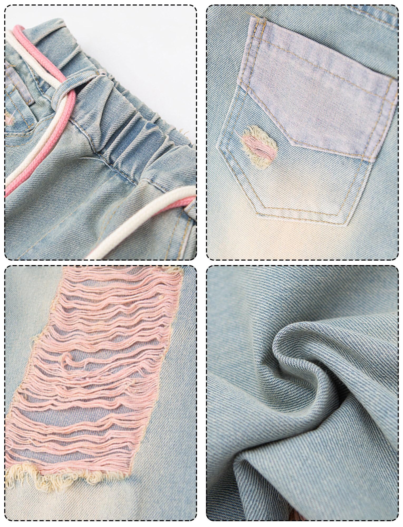 Happy Cherry Jeans Bambina Pantaloni Denim Blu Dritto Fori Vintage per Bambini Pantaloni Cargo Ragazze 5-14 Anni Streetwear