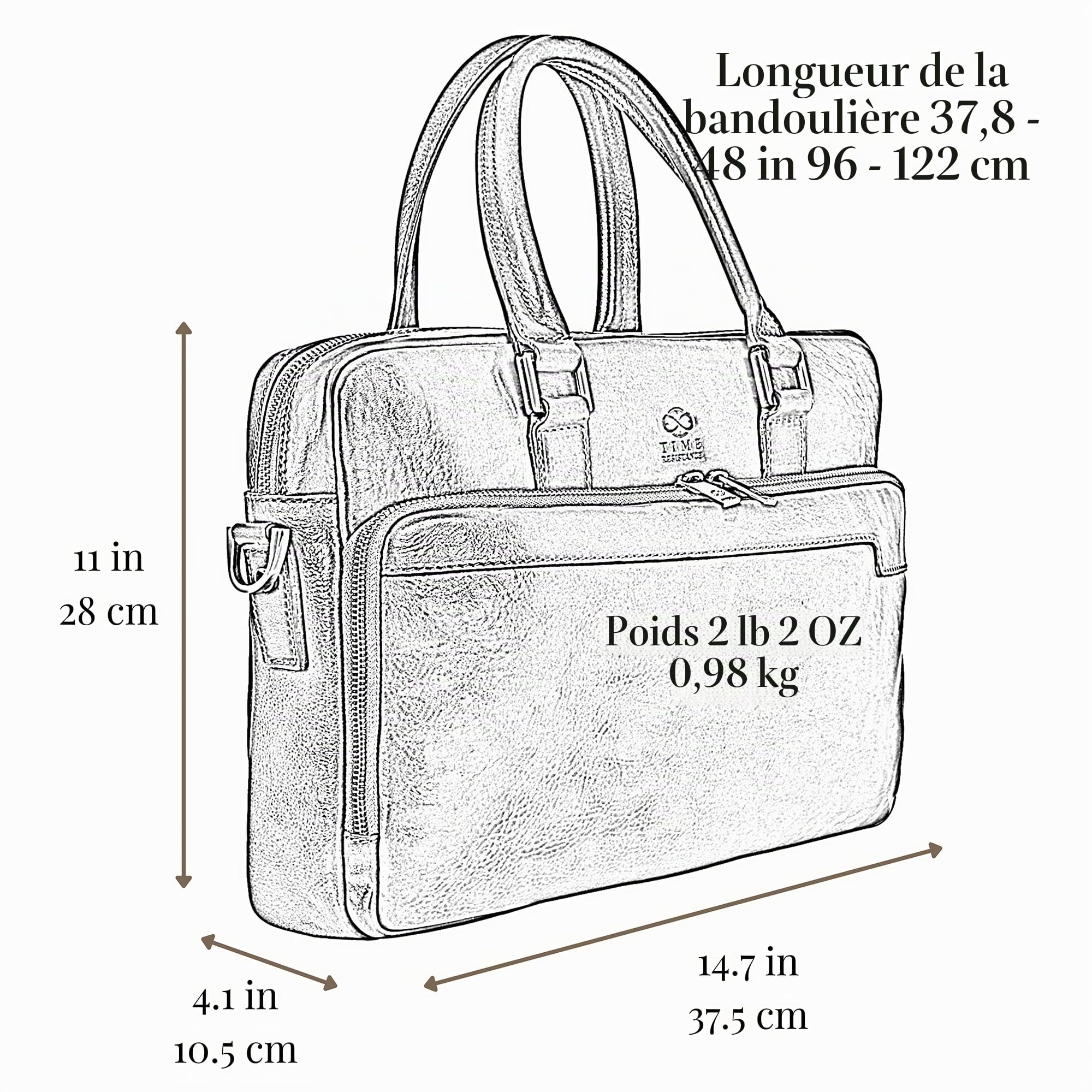 Time Resistance Porte-Documents Homme en Cuir Noir Italien Pleine Fleur Sac à Bandoulière Détachable Fabriqué à la Main pour Ordinateur Portable