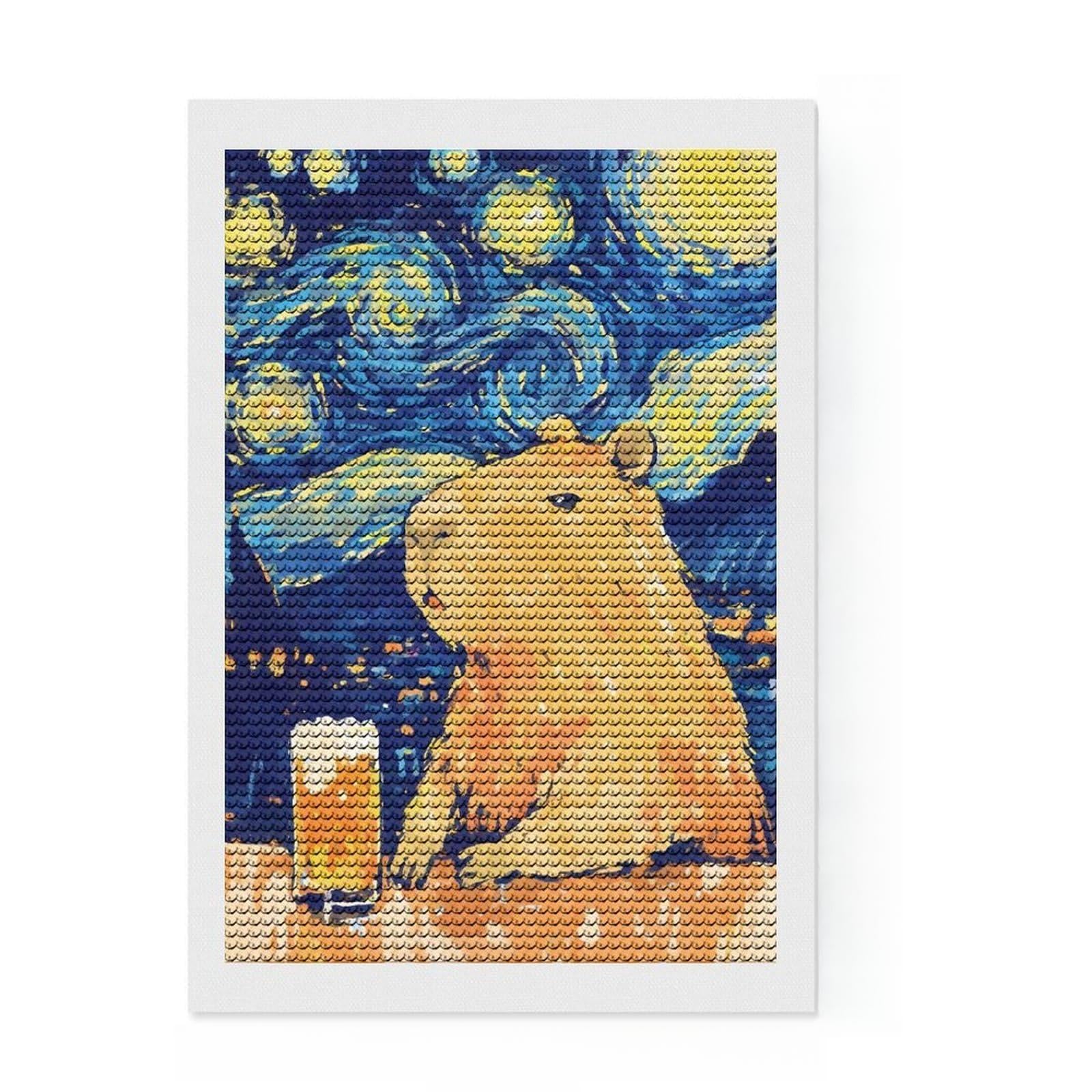Junmoney Funny Capybara Beer Starry Night Round Drill Diamond Painting 8"x12", with Tool Kit, Easy to Follow Symbols, Farmhouse Decor, for Craft Lovers