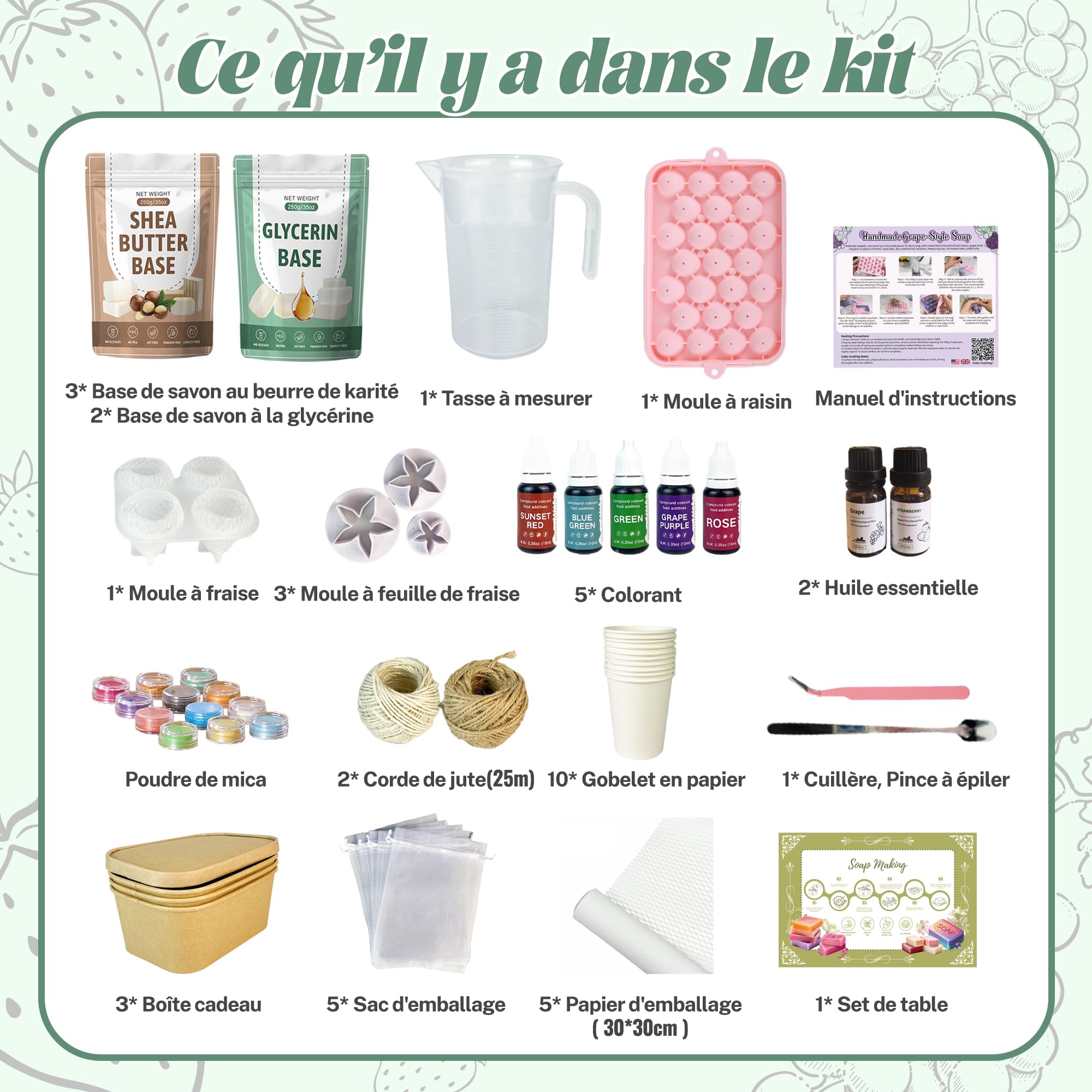 Kit De Fabrication De Savon Au Raisin Et À La Fraise Pour Adultes Débutants, Fournitures Pour La Fabrication De Savon Aux Fruits À Faire Soi-même Avec Moule À Savon, Base De Savon Et Fournitures