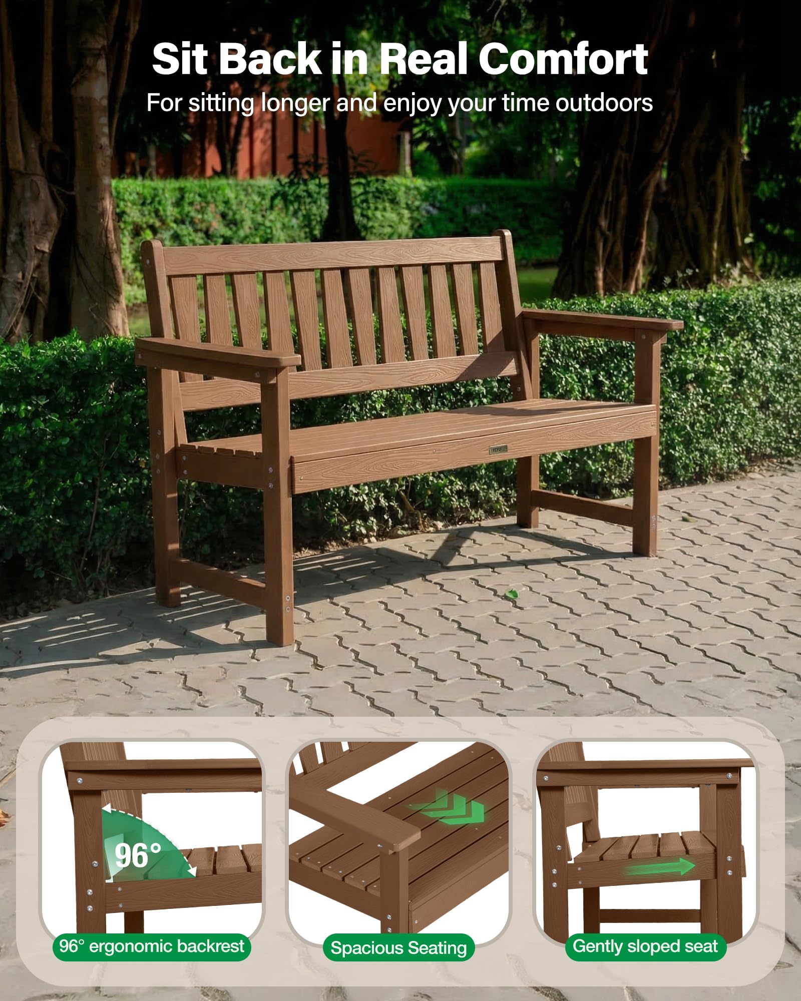 MXIMU Gartenbank für 2-Sitzer Gartenbank wetterfest: Sitzbank Outdoor | Gartenbank wetterfest HIPS-Kunststoff für Terrasse, langlebige Bank komfortable Parkbank, für draußen/Garten/Park, teakholz