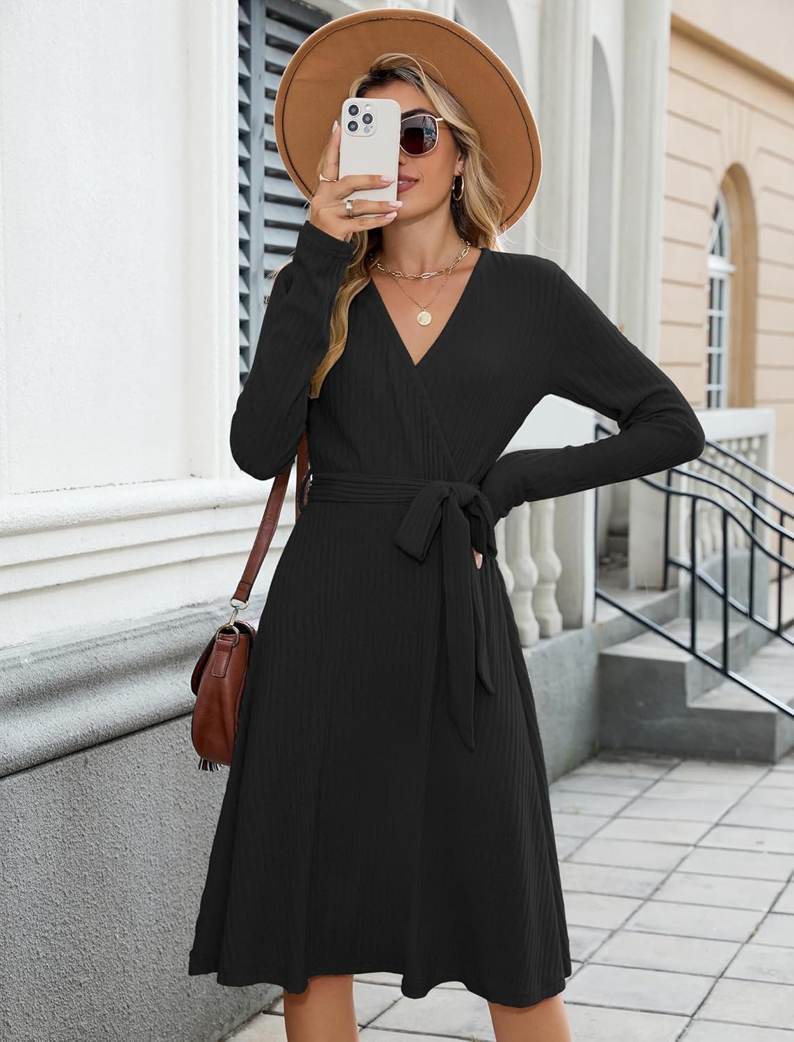 ZAFUL Women's 2025 Casual V Neck Long Sleeve Sweater Dress Wrap Ribbed Knit Pleated Midi Dresses with Belt - Image 7