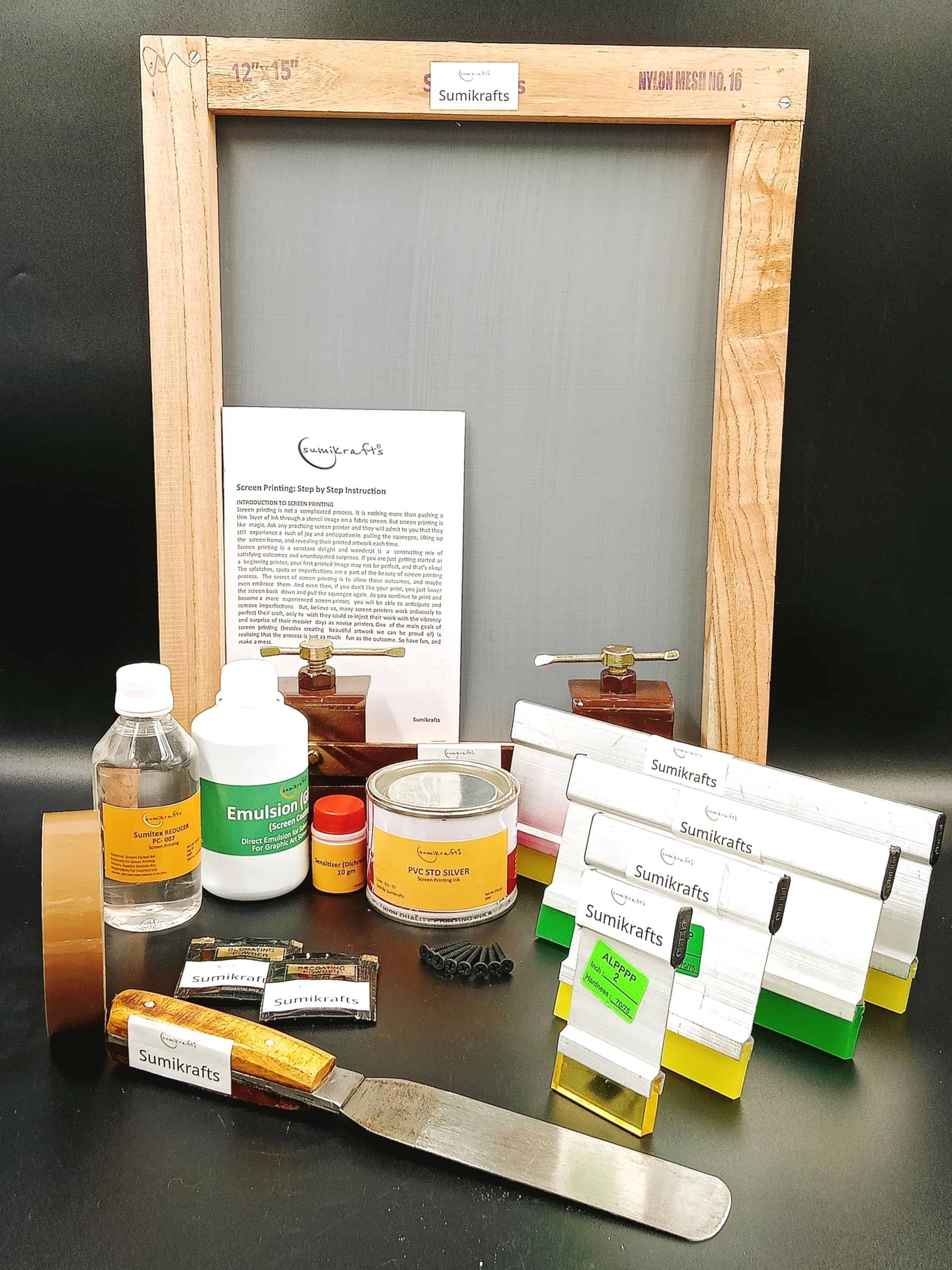 sumikrafts complete screen printing kit: pvc silver ink, double hinge clamps, metal mixing knife, and large 12"x15" frame