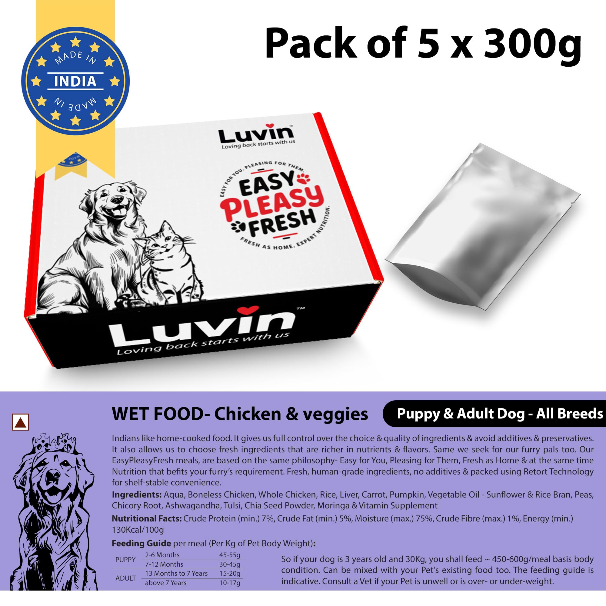 Luvin Wet Dog Food | Chicken & Veggies | Puppy & Adult Dog 1.5 Kgs (300gms x 5)
