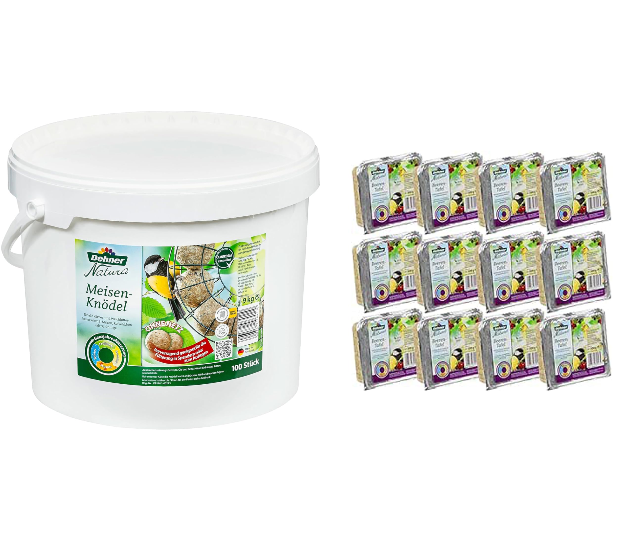 Dehner Natura Wildvogelfutter-Tafeln mit Beeren, 12 x 300 g (3.6 kg) & Natura Wildvogelfutter, Meisenknödel, ohne Netz, 100 Stück (10 kg)