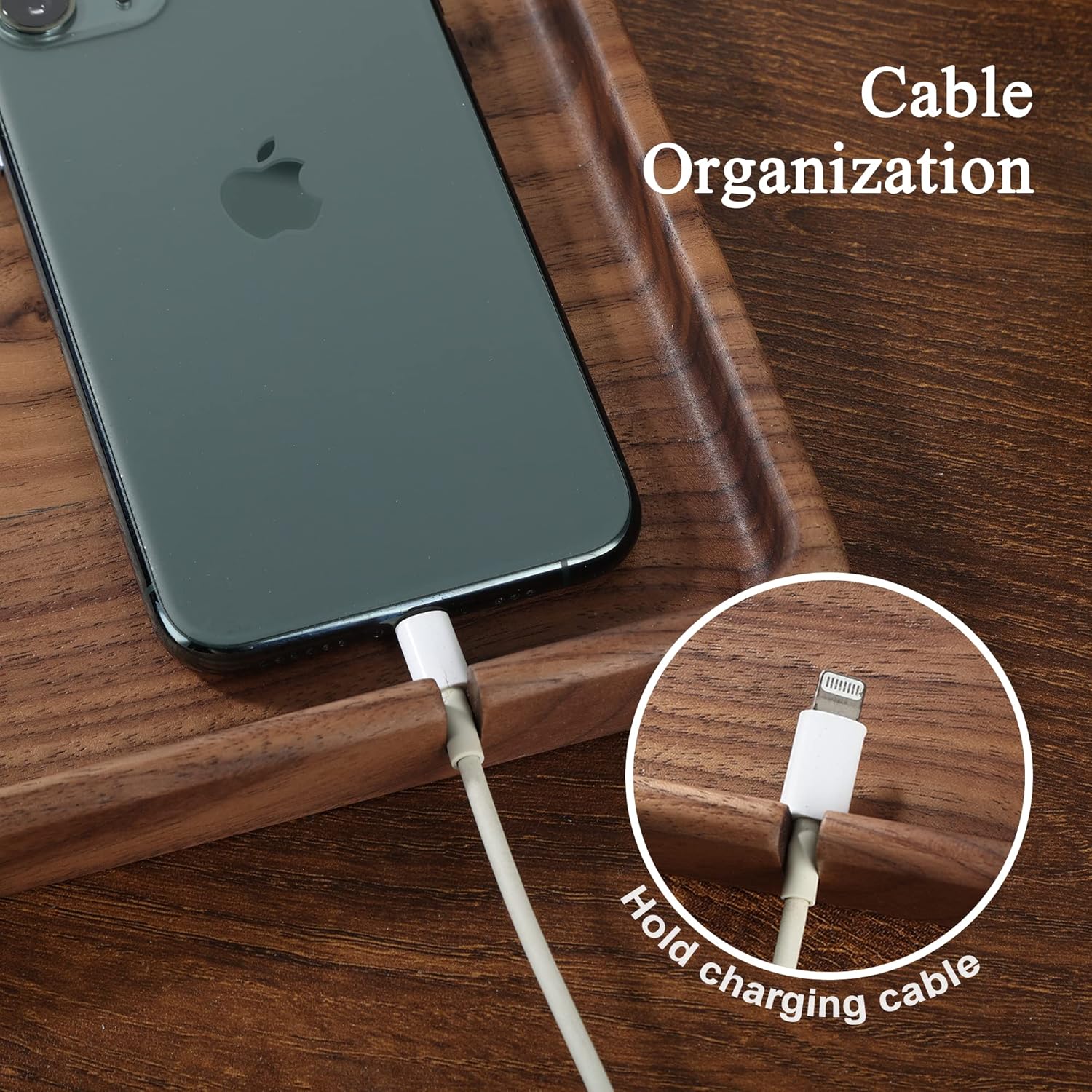 Walnut Wooden Valet Tray – Bedside Table Organizer for Men Dad, Edc Catch All Tray with Cable Slot (11.4 x 7.9 x 0.8 Inch)