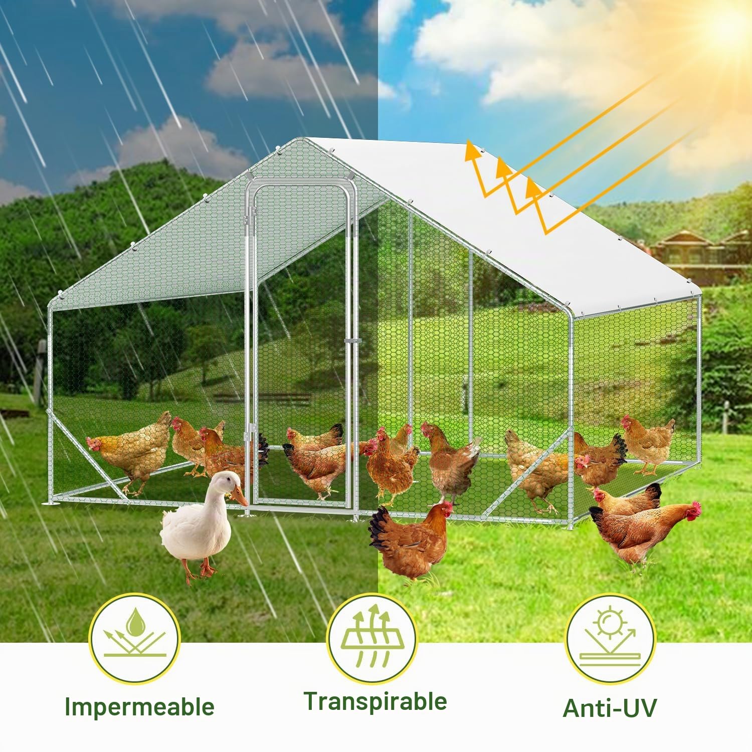 Gallinero con zona libre, 3x3x2m con cerradura de seguridad y tela impermeable de PE, fácil de limpiar, zona libre para gallinas, jaula para pájaros, pequeños animales y plantas