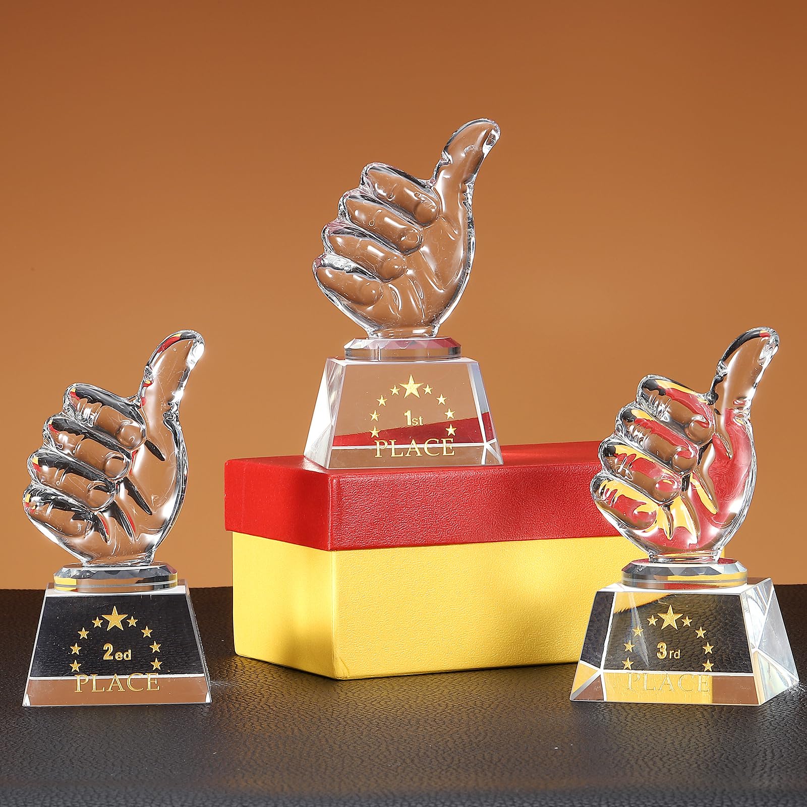QUARKZMAN Trofeo Cristal con Pulgar Arriba, Premios para 1er 2do 3er Lugar con Caja para Decoración Escritorio O Mesa En Torneos Competencias Deportivas, Base Blanca Transparente 3Pzs