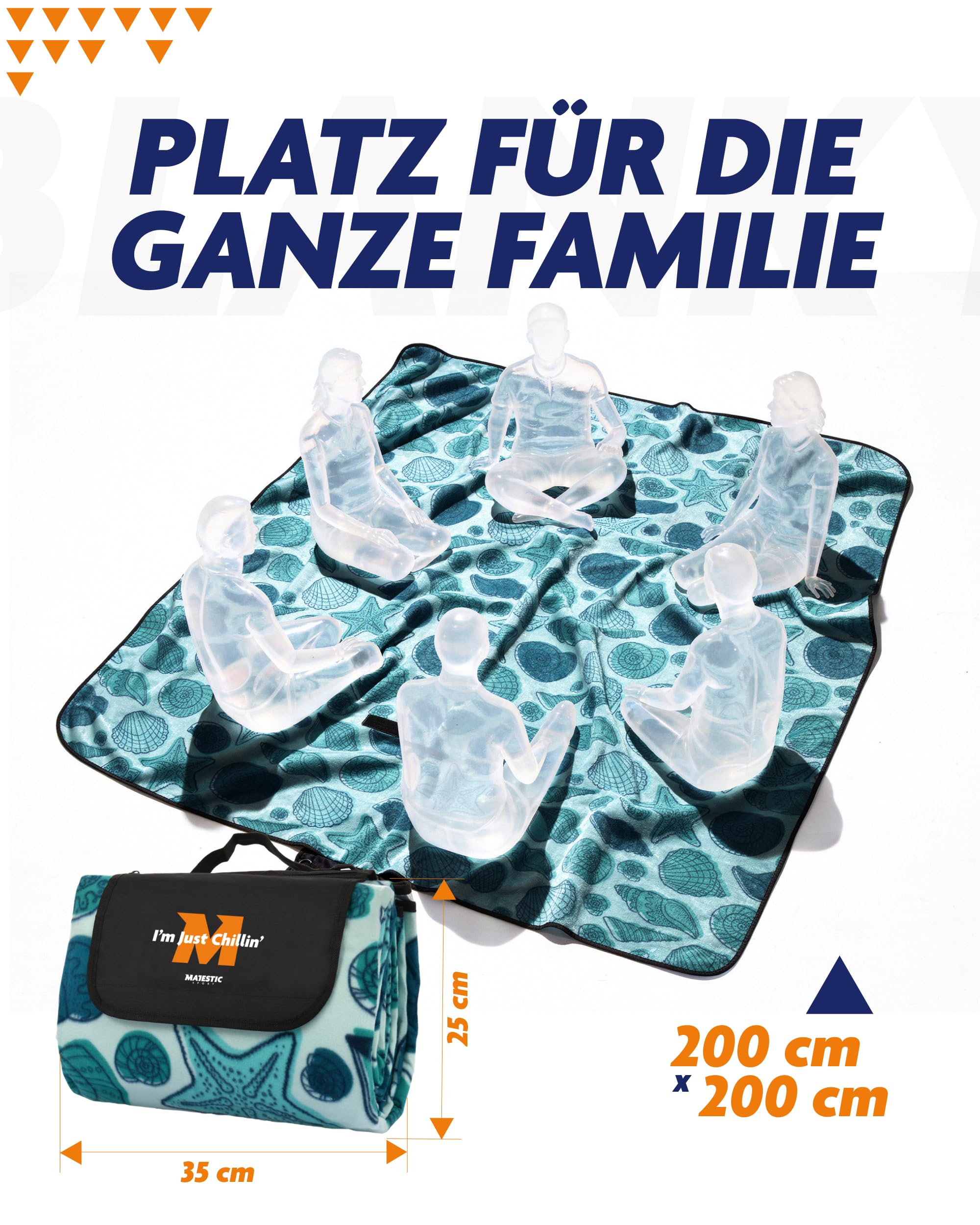 Picknickdecke 200x200 cm Wasserdicht & Sandfrei — Isolierte XXL Stranddecke für 4-6 Personen mit Tragegriff, Schultergurt, Reißverschlusstasche & 4 Erdankern, Campingdecke. Shelly.