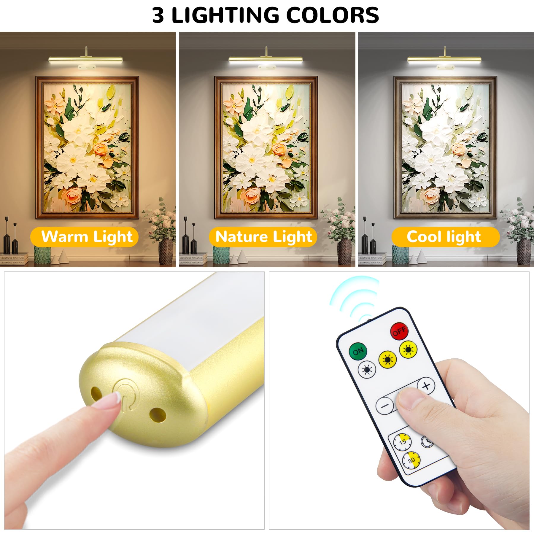 Paquete de 2 luces de pared recargables de 5000 mAh con controlador, colores cálidos/naturaleza/fríos, lámpara LED de pared de metal completo regulable de 400 lm, para galería de retratos de fotos