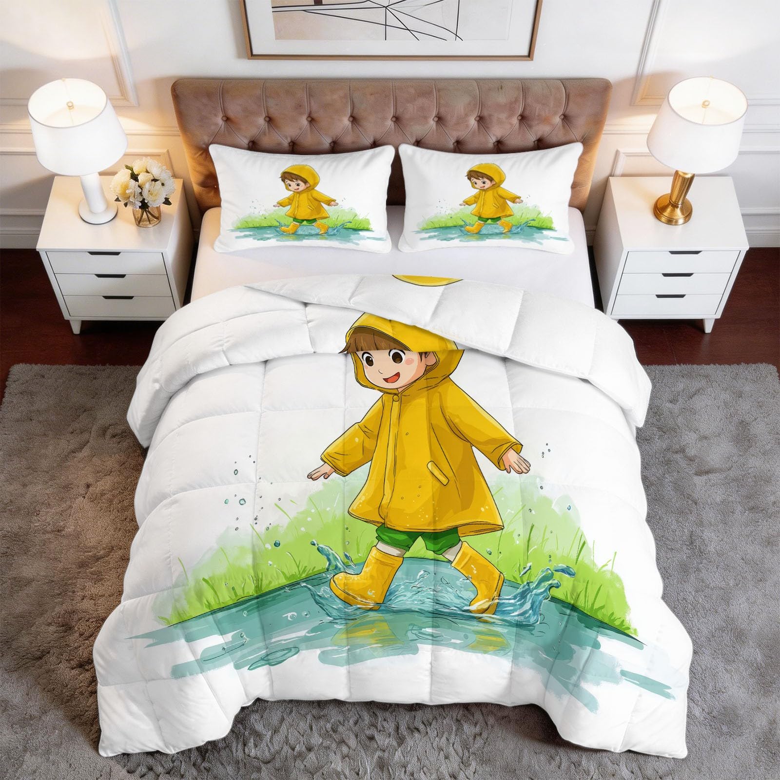 Generico Piumone Invernale Matrimoniale 200 x 200 cm Anime Bambino Pioggia Trapunta in Ecopiuma 400 gr/mq, Caldo ed Elegante – Biancheria da Letto Anallergica e Traspirante – Set 3 Pezzi, Giallo