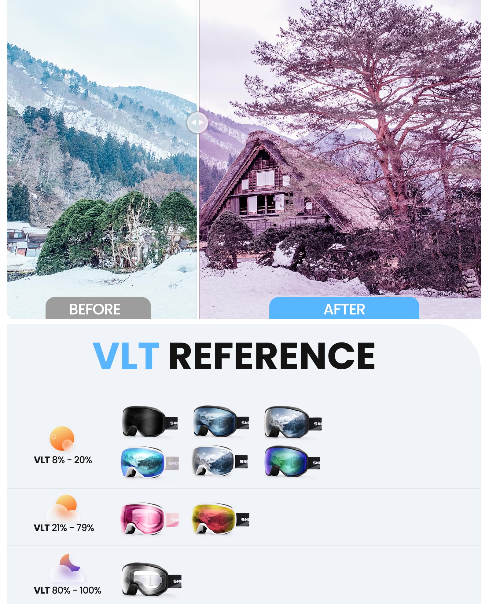 SNOWER Lunettes de ski sphériques OTG anti-buée HD avec protection UV400 pour hommes, femmes et jeunes