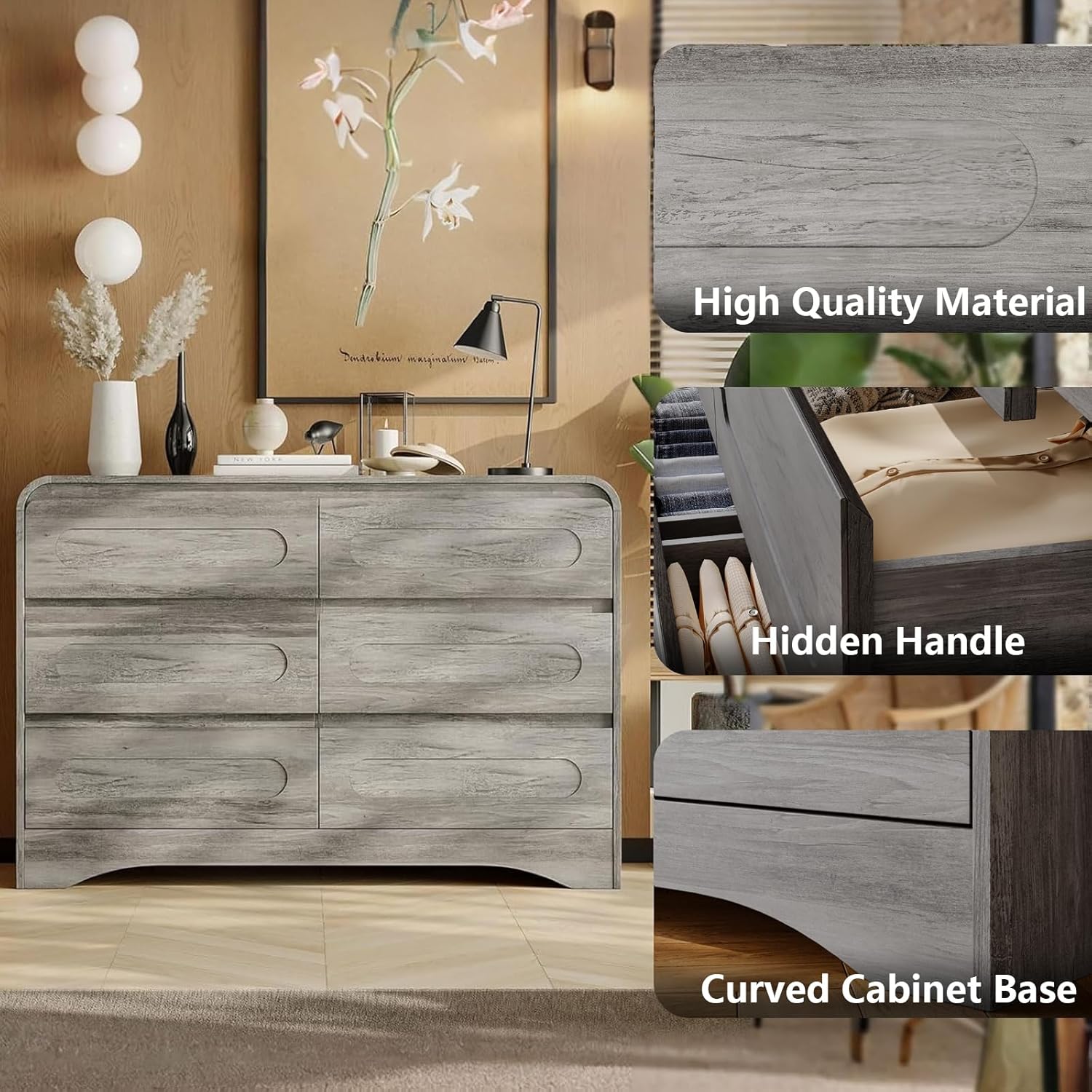 Close-up of the dresser's curved profile design, highlighting the rounded edges for safety and the hidden handle.