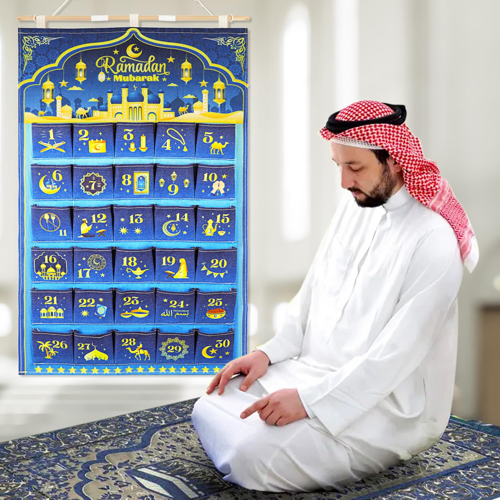 Calendario Dell’Avvento Ramadan HOWAF – Tessuto Con 30 Tasche, Scritta Ramadan Mubarak, Multicolore