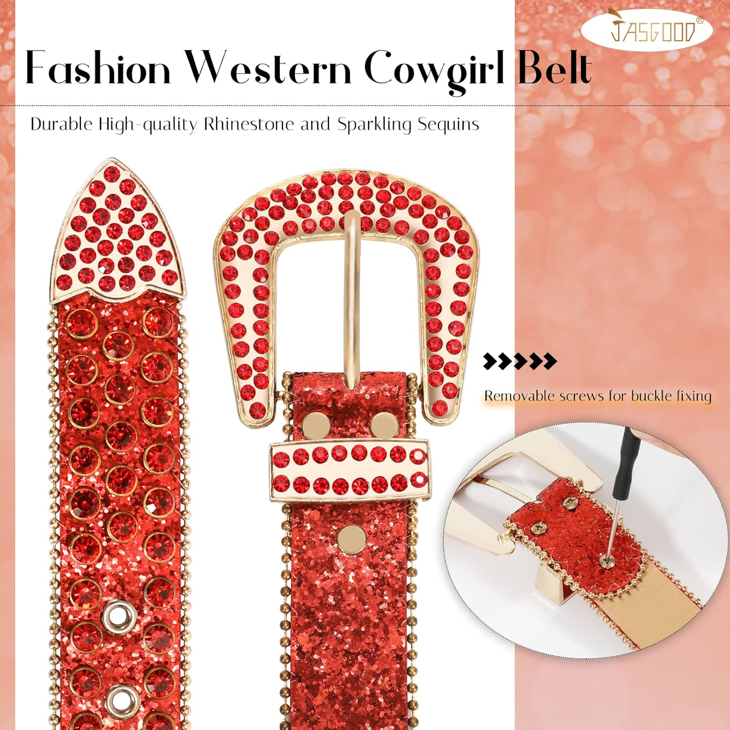 JASGOOD Women Men Rhinestones Belt,Bling Western Cowgirl Cowboy Studded Leather Belt Diamond Waist Belt for Jeans Pants - Image 6