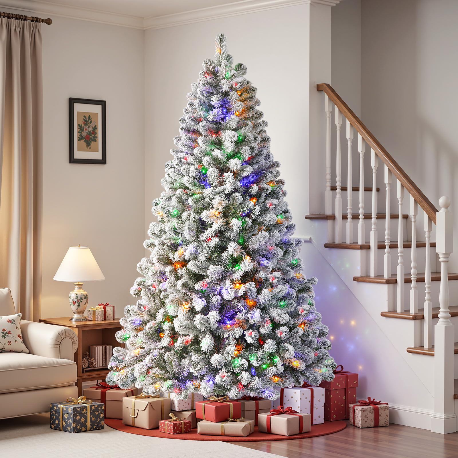Shareconn 152 cm Sapin de Noël Artificiel Pré-éclairé, Arbre Floqué Blanc avec Support en Métal Pliable, 210 LED de Haute Qualité, 12 Modes d'éclairage, Parfait pour Les Décorations de Noël