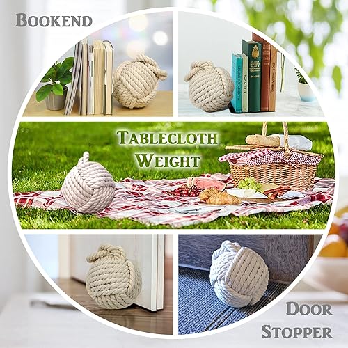 Miniatura 2 de Westcharm Tope de puerta con nudo de cuerda de mono crema de 6 pulgadas de diámetro | Tope de puerta con nudo náutico | Peso decorativo del mantel |