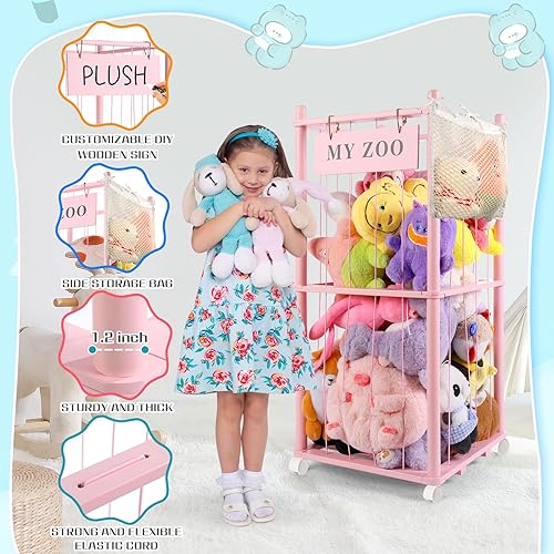 Miniatura 5 de Zoo de almacenamiento de animales de peluche con ruedas, organizador de animales de peluche de madera con cordones elásticos, soporte de