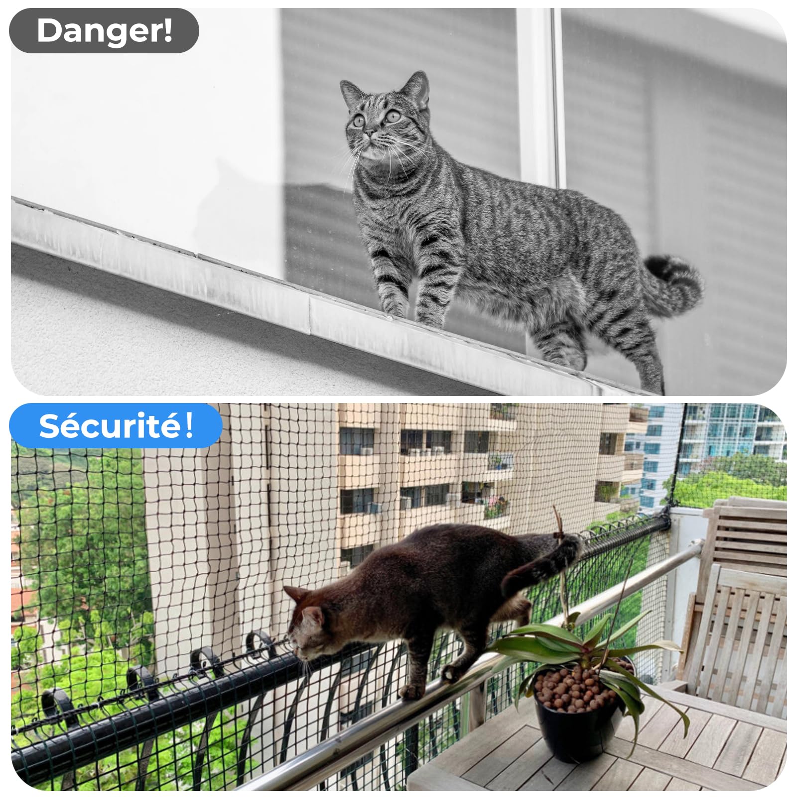 Filet de Balcon renforcé de Fil d'acier, Filet de Protection Chat, aux déchirures,Résistant aux UV et aux intempéries, pour Sécuriser Les Balcons, Terrasses, Fenêtres (2x3m)