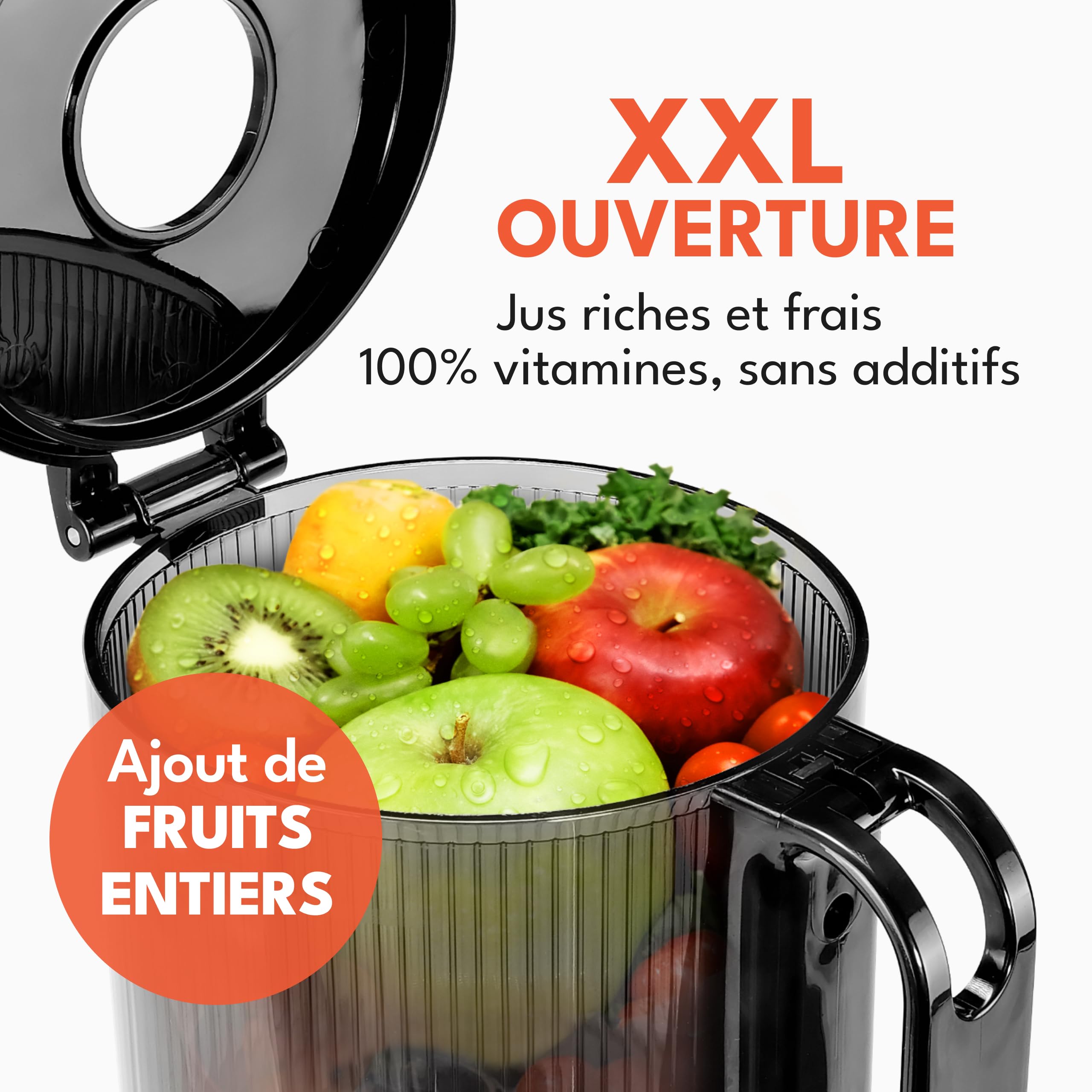 LEBENLANG Centrifugeuse extracteur de jus - Livre de recettes incl. & grande ouverture de 130 mm I Parfait pour les fruits et légumes entiers 100% sans BPA I Slow Juicer Machine Extracteurs legumes