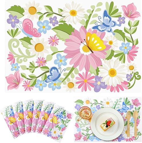 Zonon 36 manteles individuales de papel desechables de primavera y verano a granel de 16.5 x 11.8 pulgadas, diseño de mariposas y flores en colores