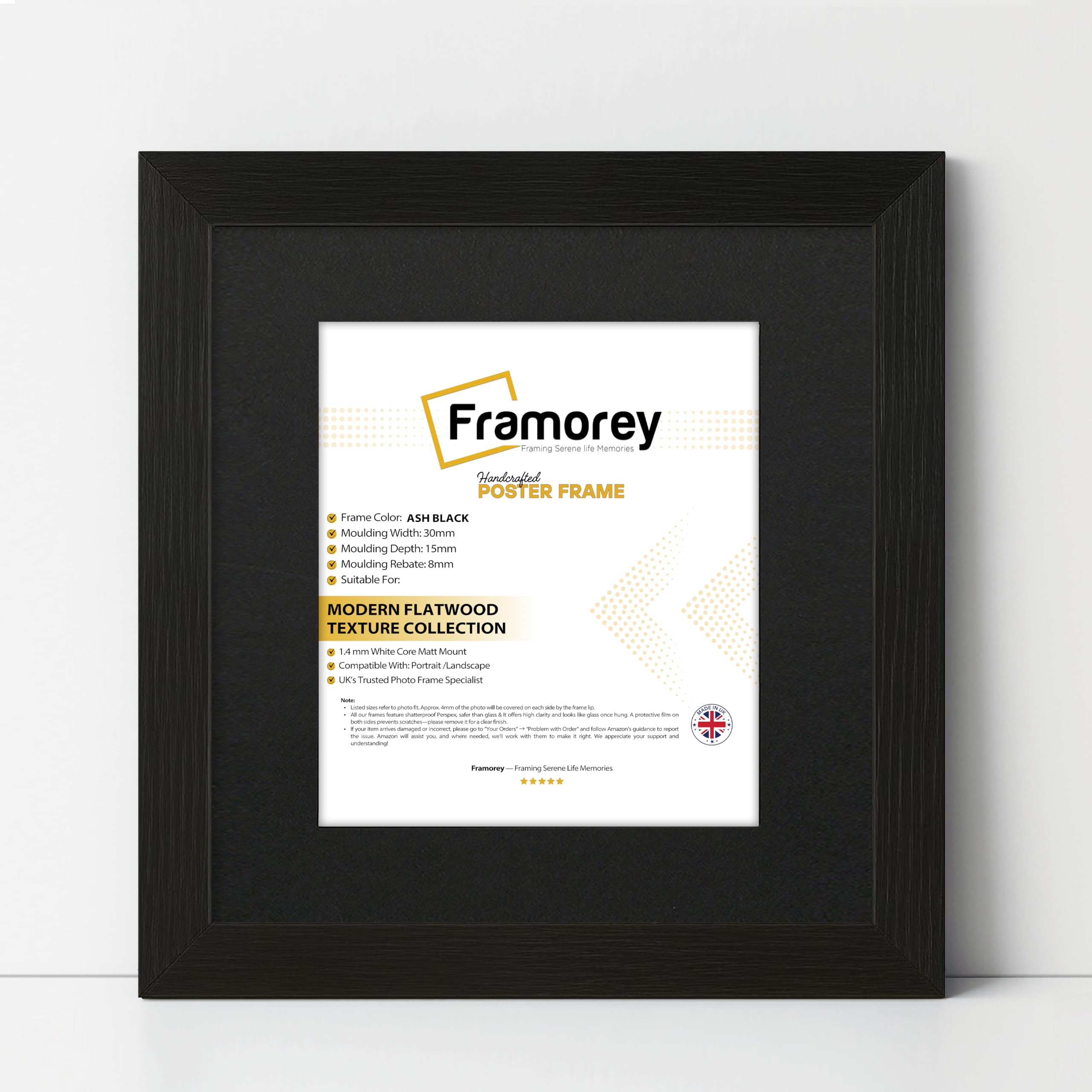 FRAMOREY Square Oxford Flat Wooden Effect Picture Frame, 11x11" Size Ash Black Photo Frame With 9x9" Size Black Mount, Photo Print Frame, Best Photo Frames For Birthday Gift