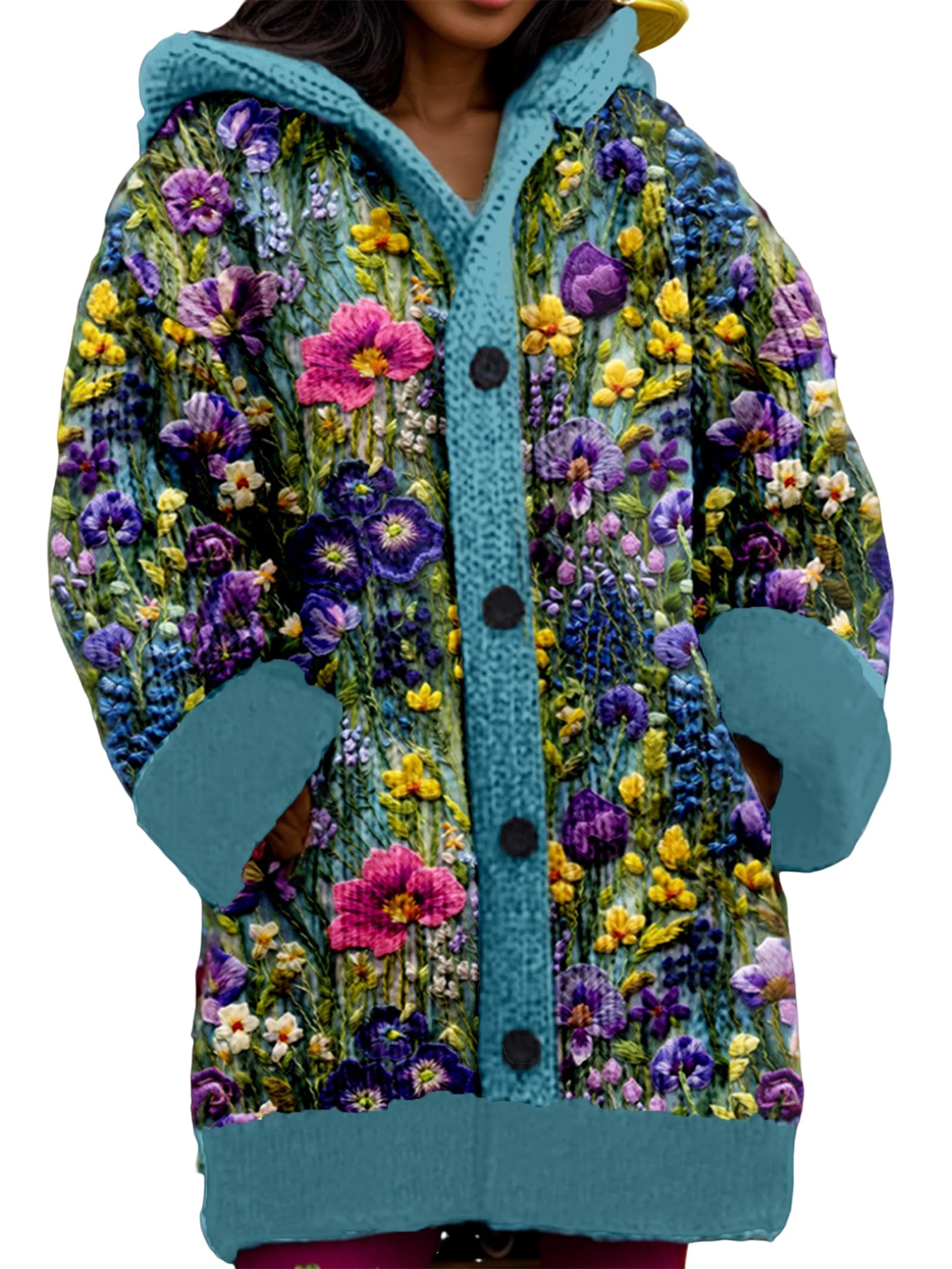 Womens Colorful Graphic 3D Print Chunky Cable Knit Hooded Cardigan Fall Winter Warm Button Down Coat with Pockets
