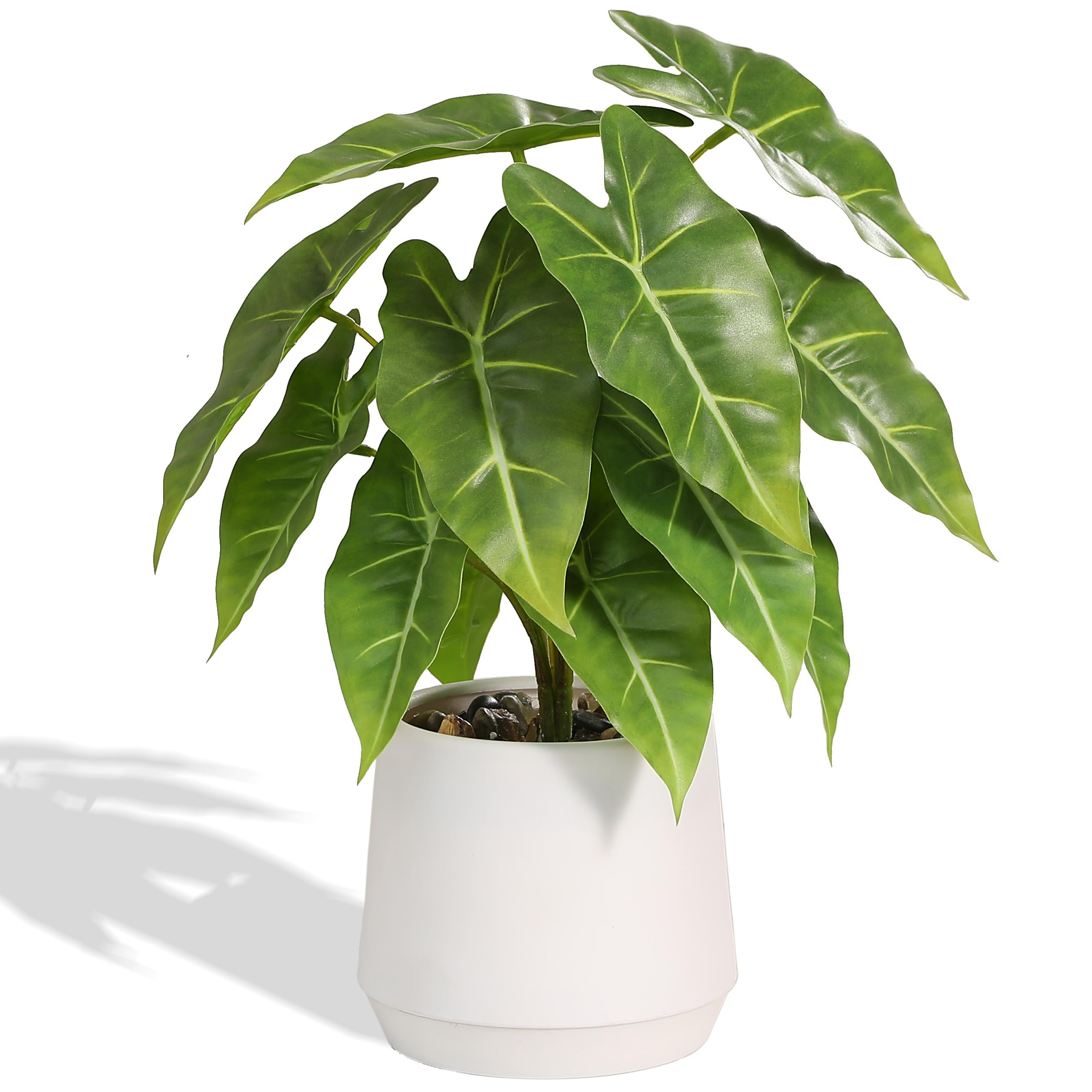 LUWENER Fake plants in White Pot 13" tall Artificial plants indoor for Home Decor Faux plants with pot for Bathroom Office Room Decoration(Sea taro leaves white)