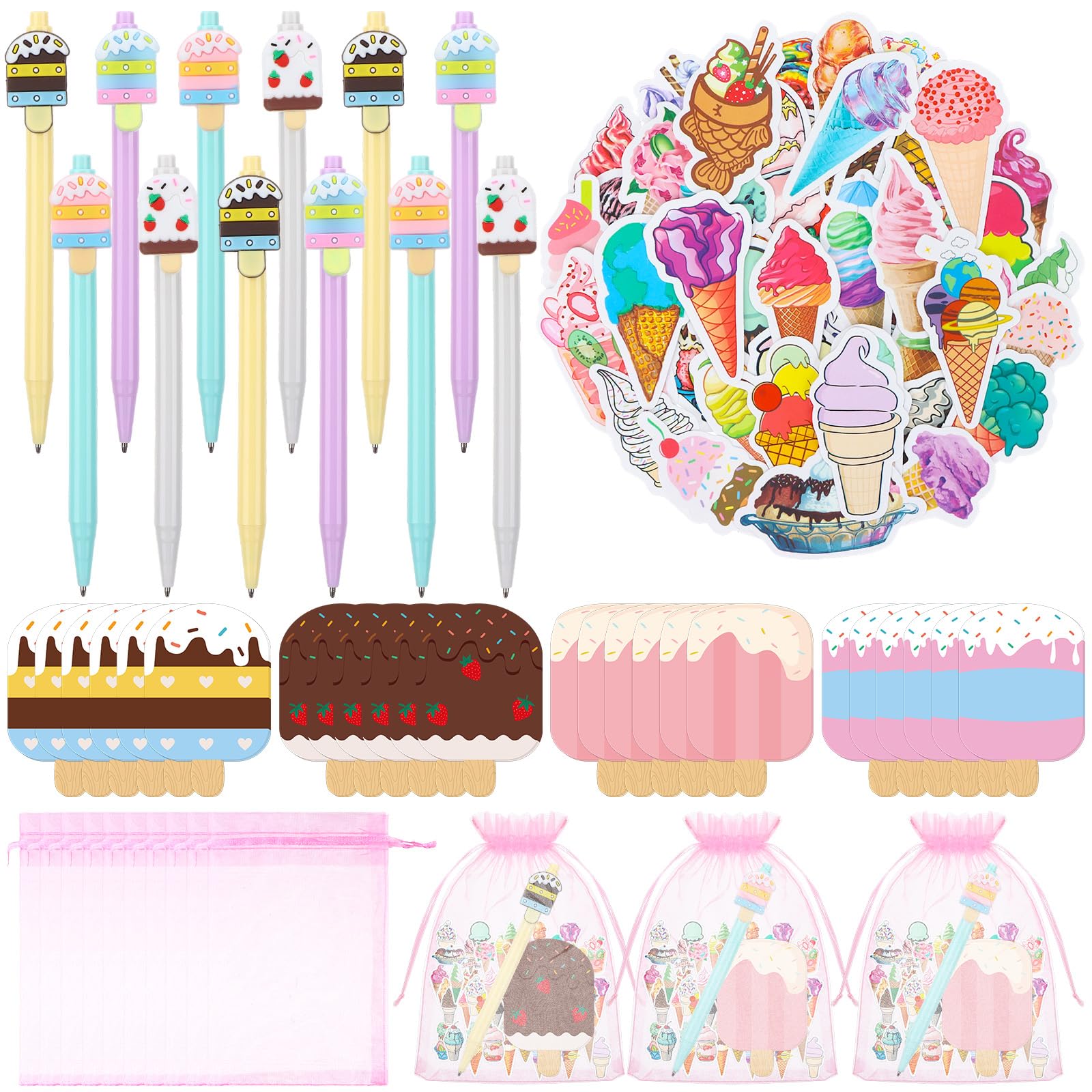 BVREUG 12Set Ice Cream Stationery Party Gift Include Ballpoint Pen Sticky Note Sticker and Organza for Kids Summer Party Favor Goodie Bag Fillers for School Reward End of Term