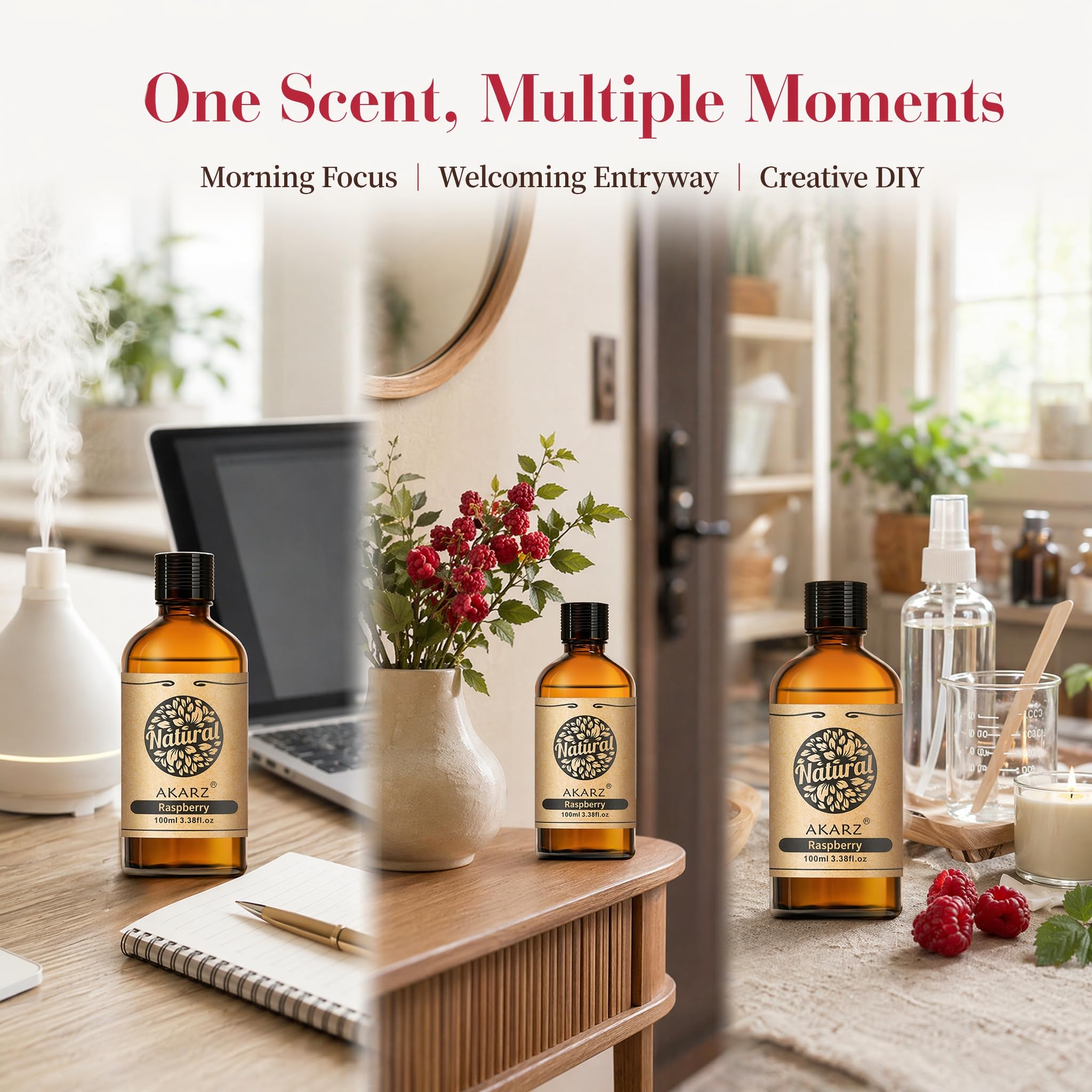 AKARZ 100ml Olejek esencjny z Maliny - Naturalny olejek aromatyczny do dyfuzorów, lamp aromatycznych i aromatów pomieszczeń