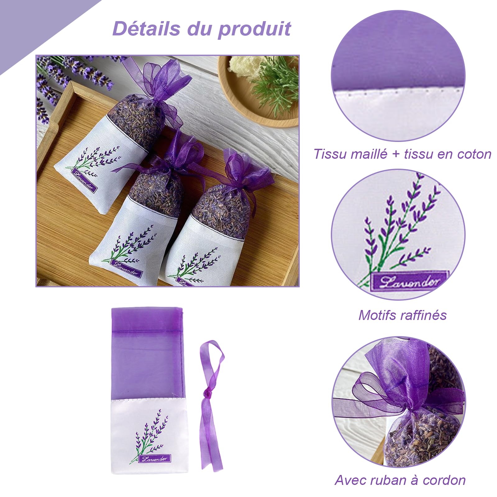 18 Pièces Sachet Vide pour Lavande, Sachets Parfumés Lavande avec Cordon de Serrage, pour Bijoux de Mariage, épices et Herbes