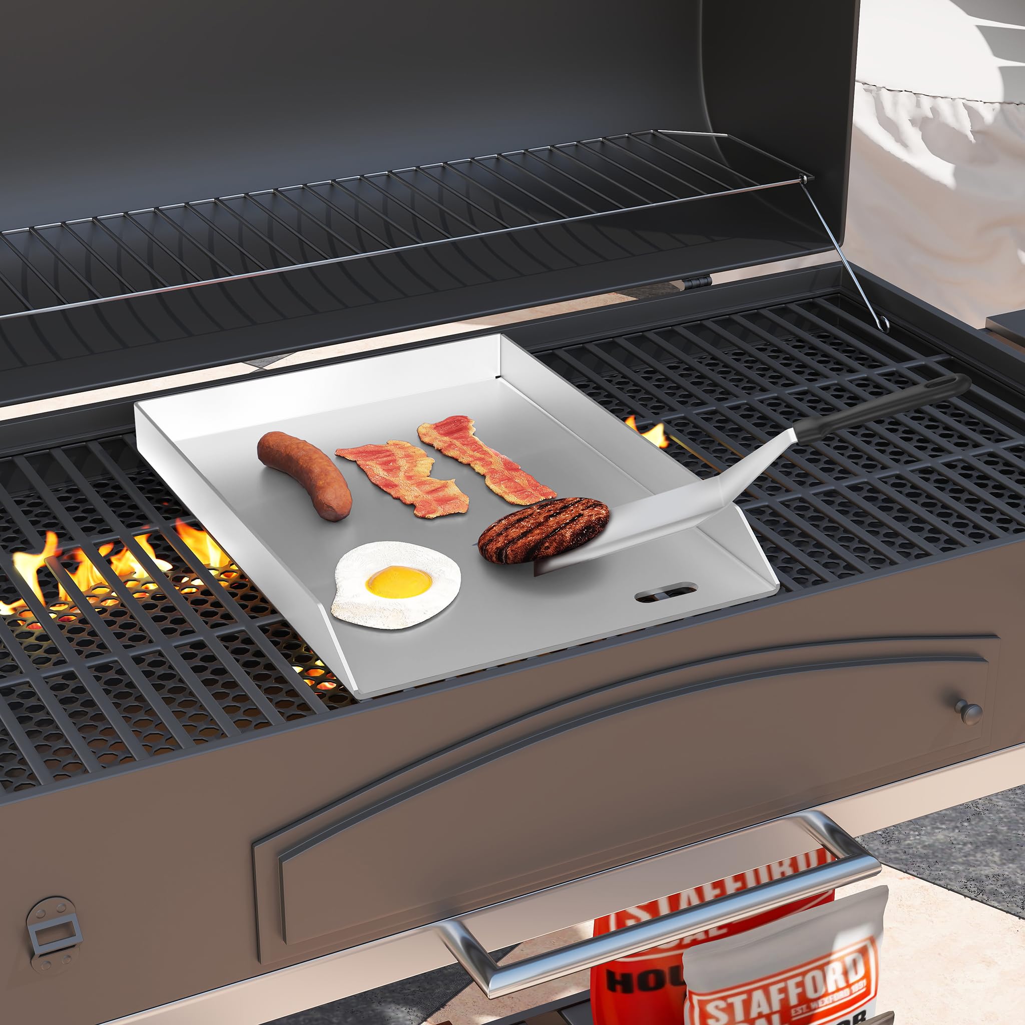 YUENFONG Plancha Grillplatte Plancha Grill 20x30x7cm Edelstahl Grillplatten inkl. Fettablauf, Universelle BBQ mit Grill Platten Grillspachtel & Schaber, für BBQ Gasgrill & Kohlegrill