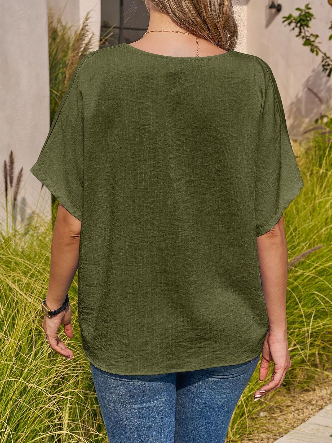 Tankaneo Womens Shirt Tops Batwing Short Sleeve Blouse Summer Casual Oversized V Neck Button Down Shirts - Image 5