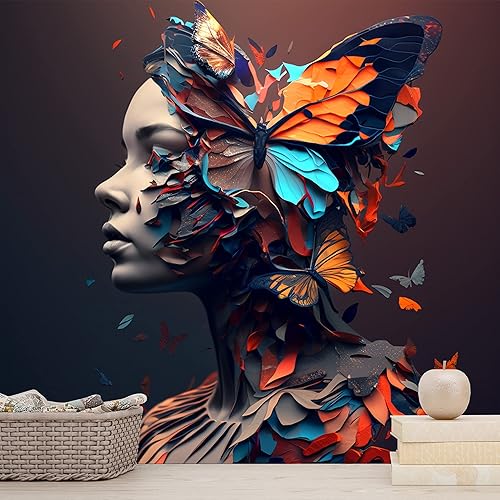 Miniatura 2 de DEKOROS.COM Papel tapiz decorativo de pared con diseño de mujer y mariposa naranja, calcomanía de pared para sala de estar, peluquería, centro de