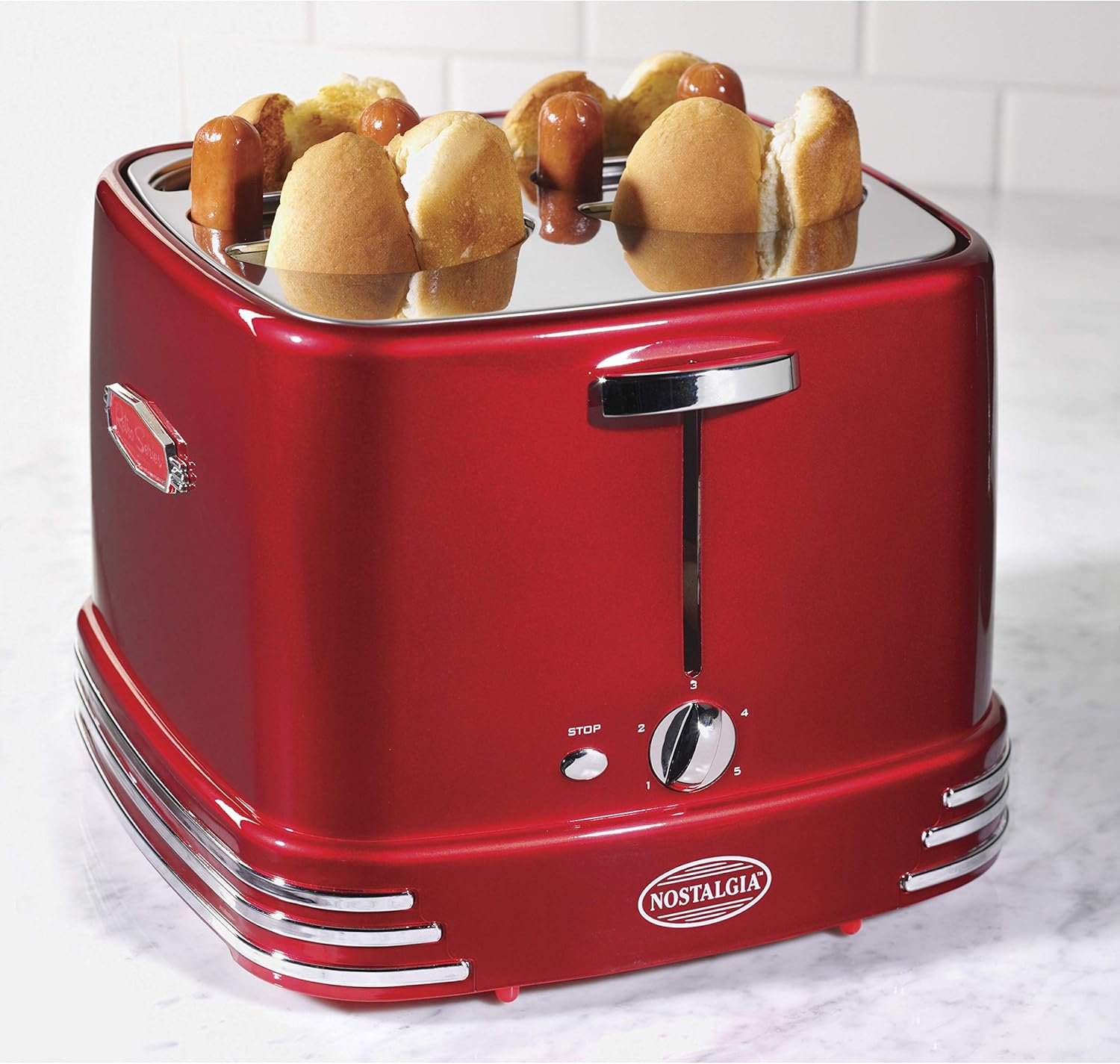 Red Retro Toaster Kitchen 4-Slot Hot Dogs And Buns Pop-Up Toaster Countertop Cookware Classic 4 Slots Hot Dog Cooking Assembled Chrome Silver, Metal Plastic