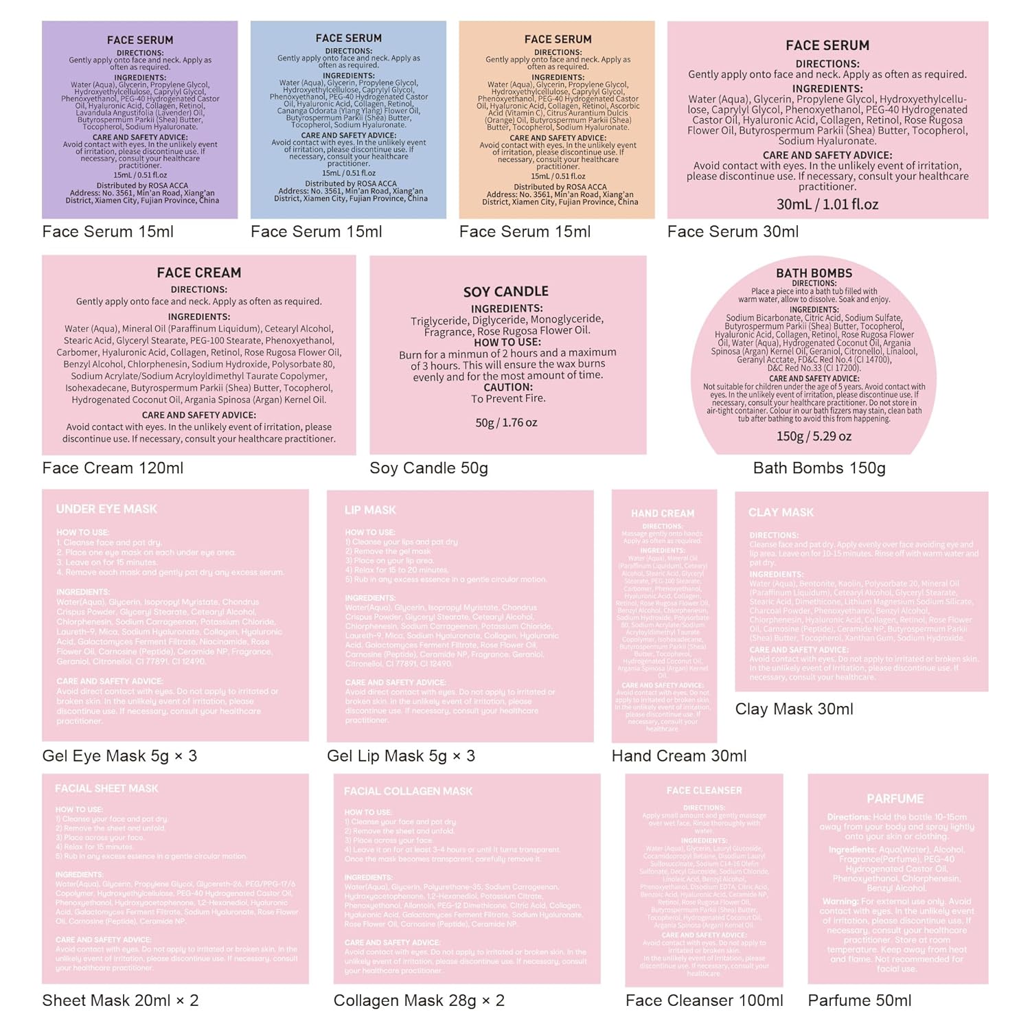 rose skincare set with 33-piece spa basket assortment